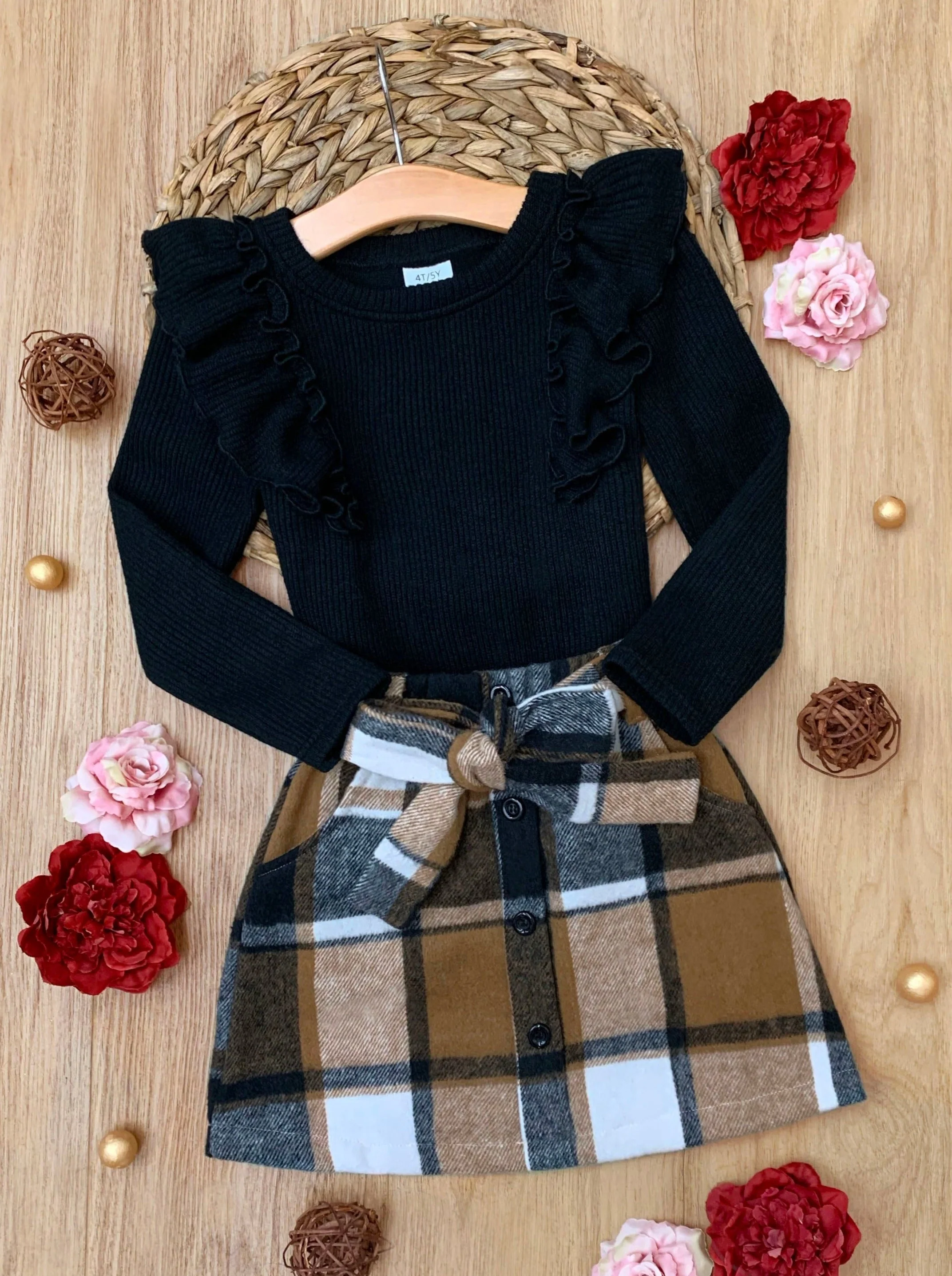 Classic Plaid Ruffled Top and Brushed Fleece Skirt Set - Image 3