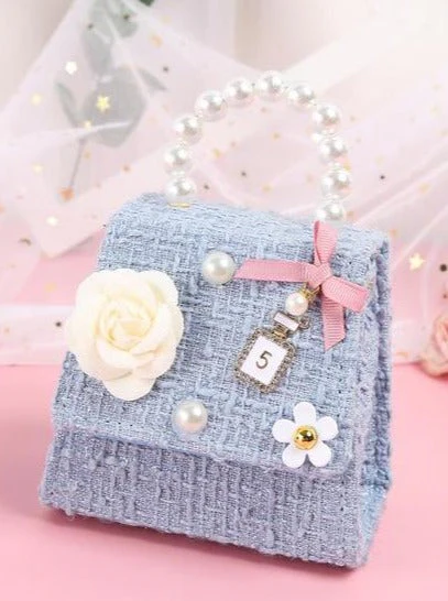 Chic Pearl Handle Tweed Mini Bag with Floral Accents - Image 3