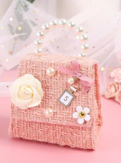 Chic Pearl Handle Tweed Mini Bag with Floral Accents - Image 4
