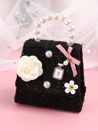 Chic Pearl Handle Tweed Mini Bag with Floral Accents - Image 5