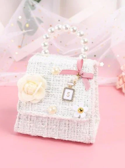 Chic Pearl Handle Tweed Mini Bag with Floral Accents - Image 6