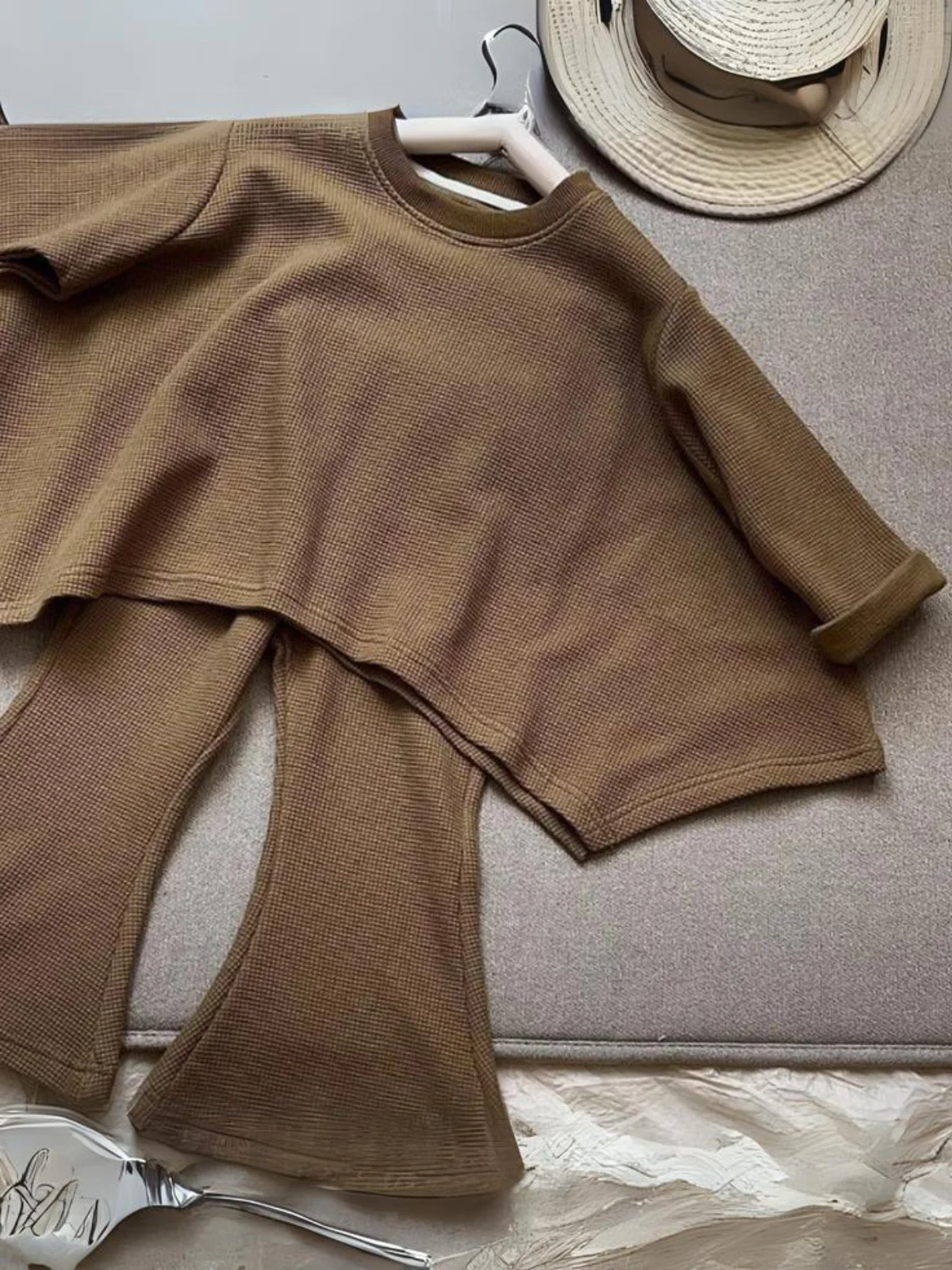 Cool and Cozy Brown Flare Pants Set - Image 2