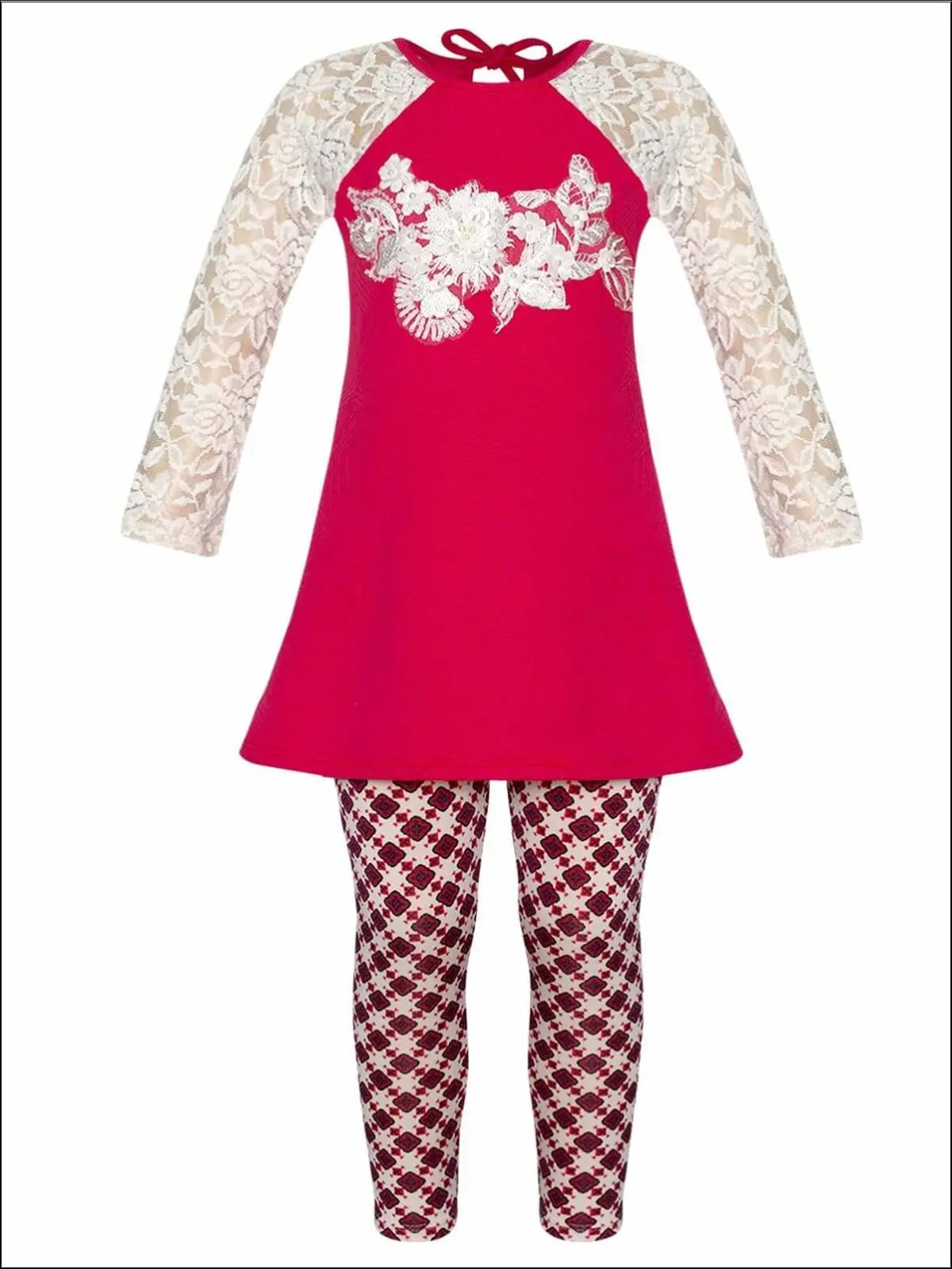 Girls Lace Long Raglan Sleeve Trimmed Tunic And Legging Set - Image 6