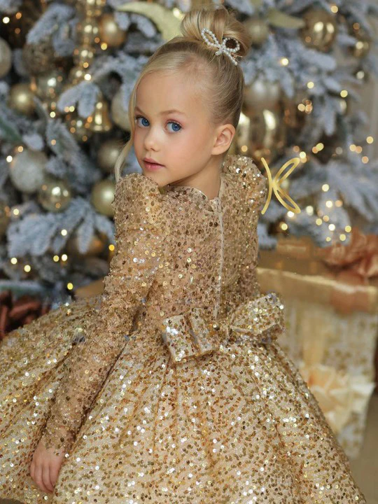 Gold Long Sleeve Mini Special Occasion Dress - Image 3