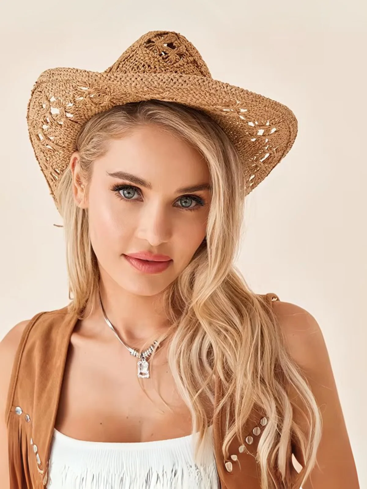 Woman  Simple Chic Tan Straw Cowboy Hat - Image 2