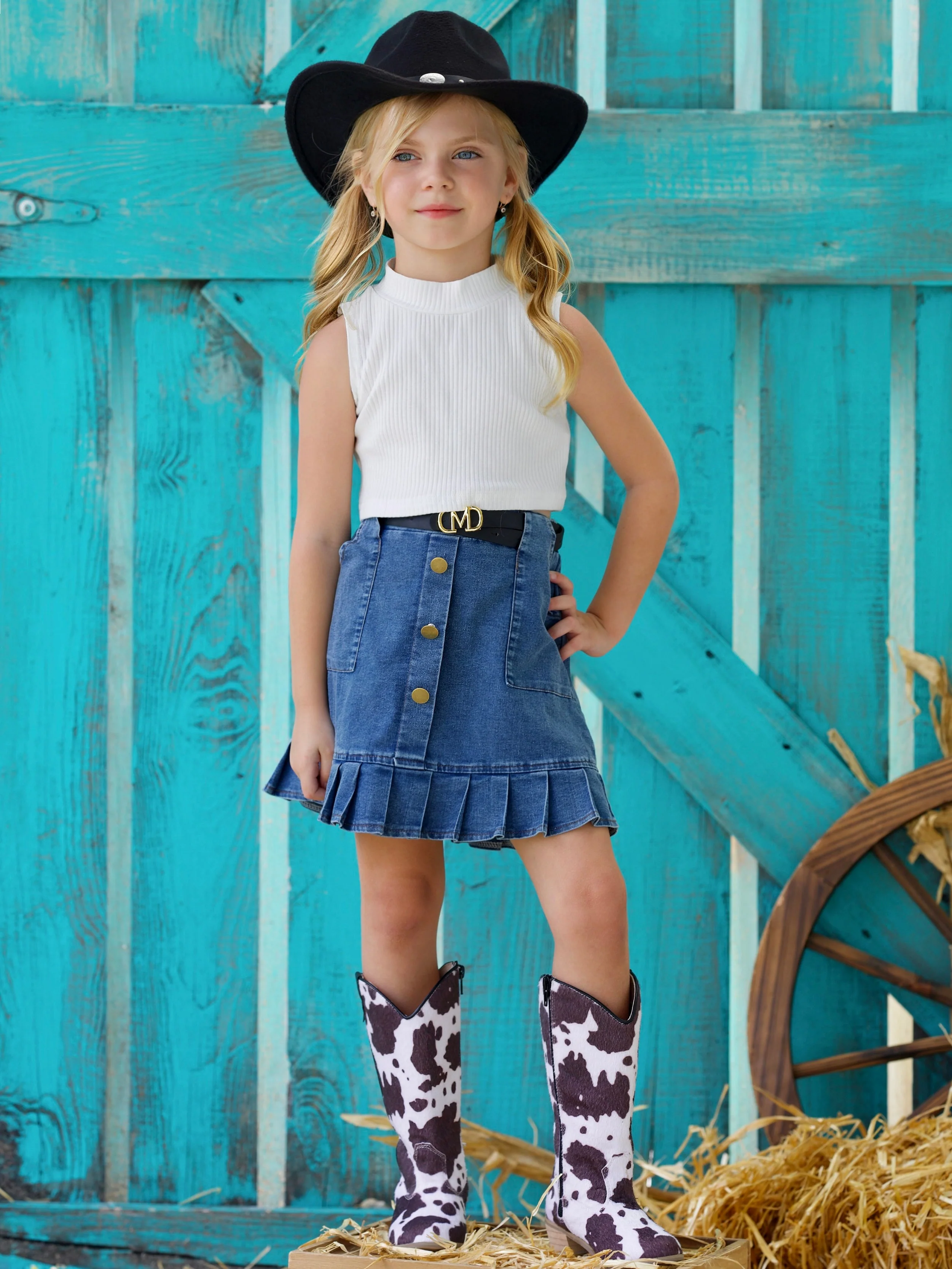 Classic Tank and Pleated Denim Skirt Set - Image 3