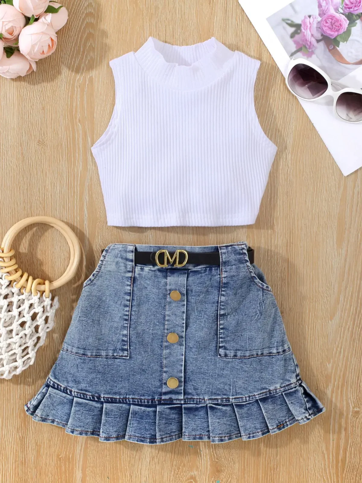 Classic Tank and Pleated Denim Skirt Set - Image 5