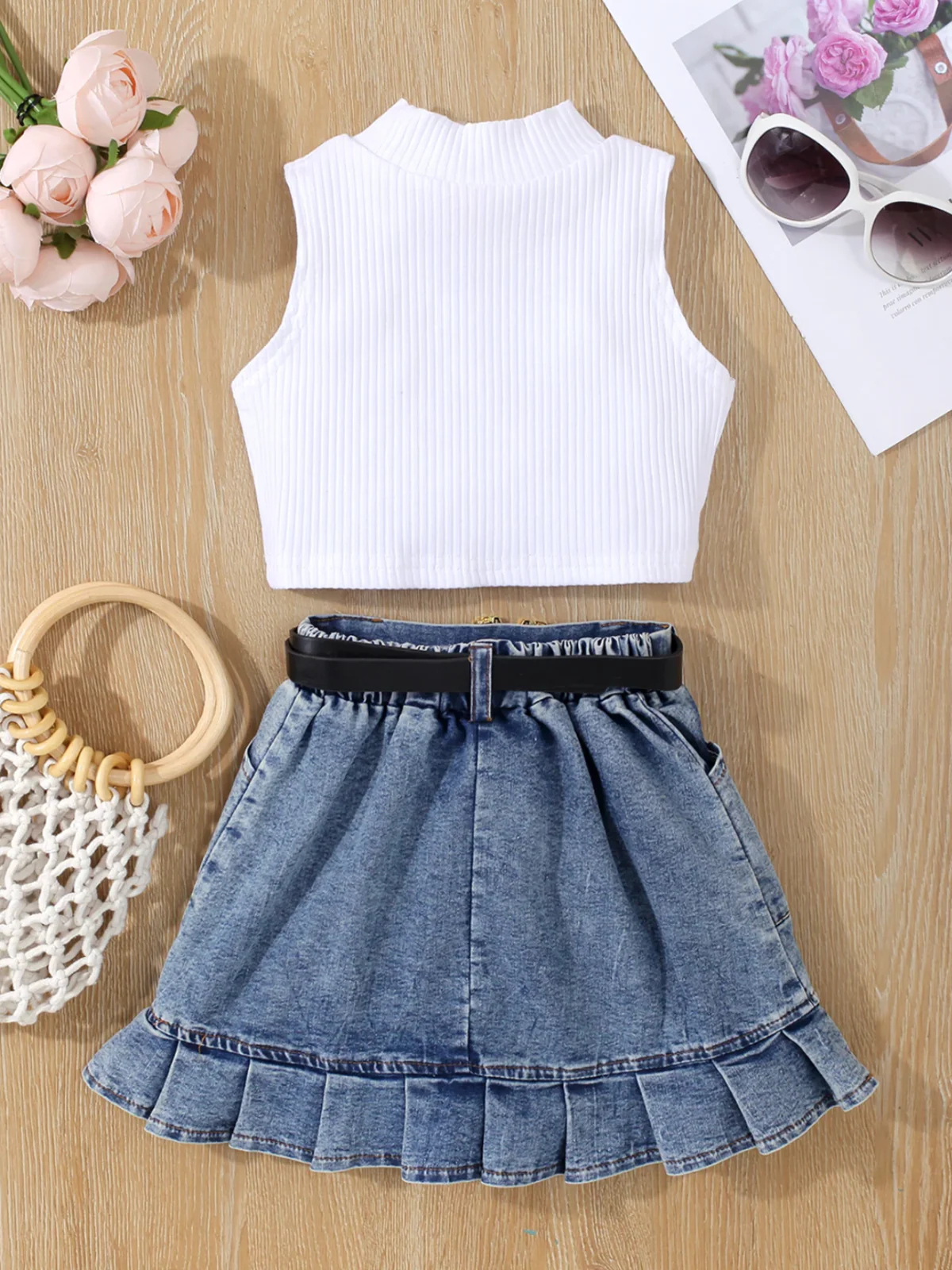 Classic Tank and Pleated Denim Skirt Set - Image 6