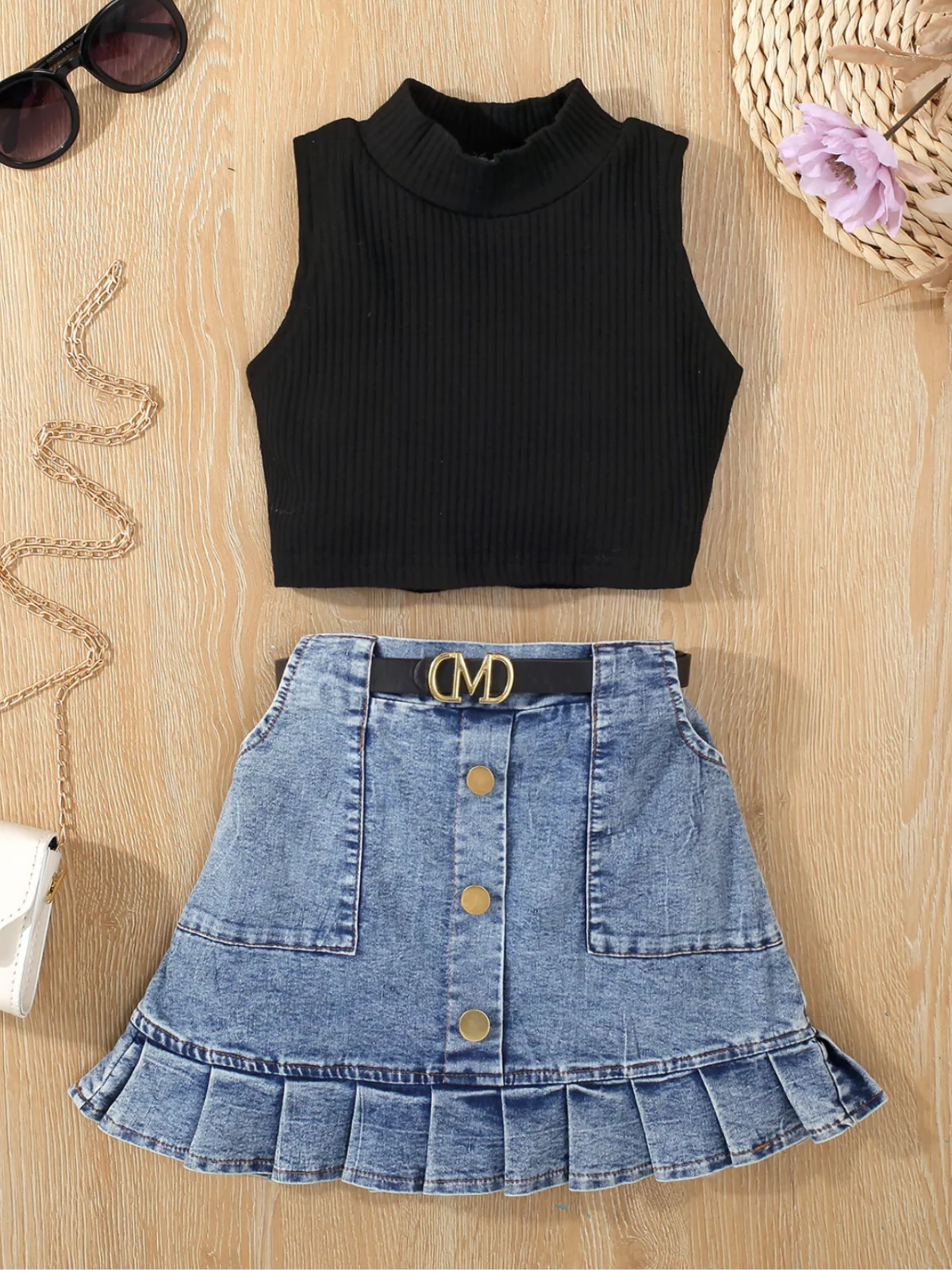 Classic Tank and Pleated Denim Skirt Set - Image 7