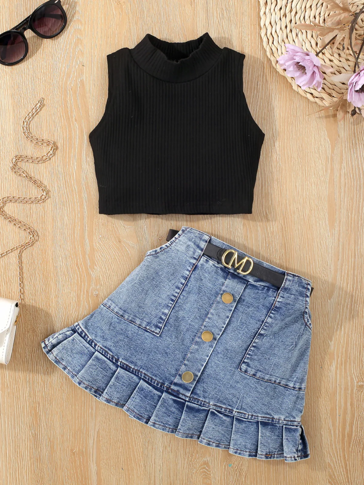 Classic Tank and Pleated Denim Skirt Set - Image 8