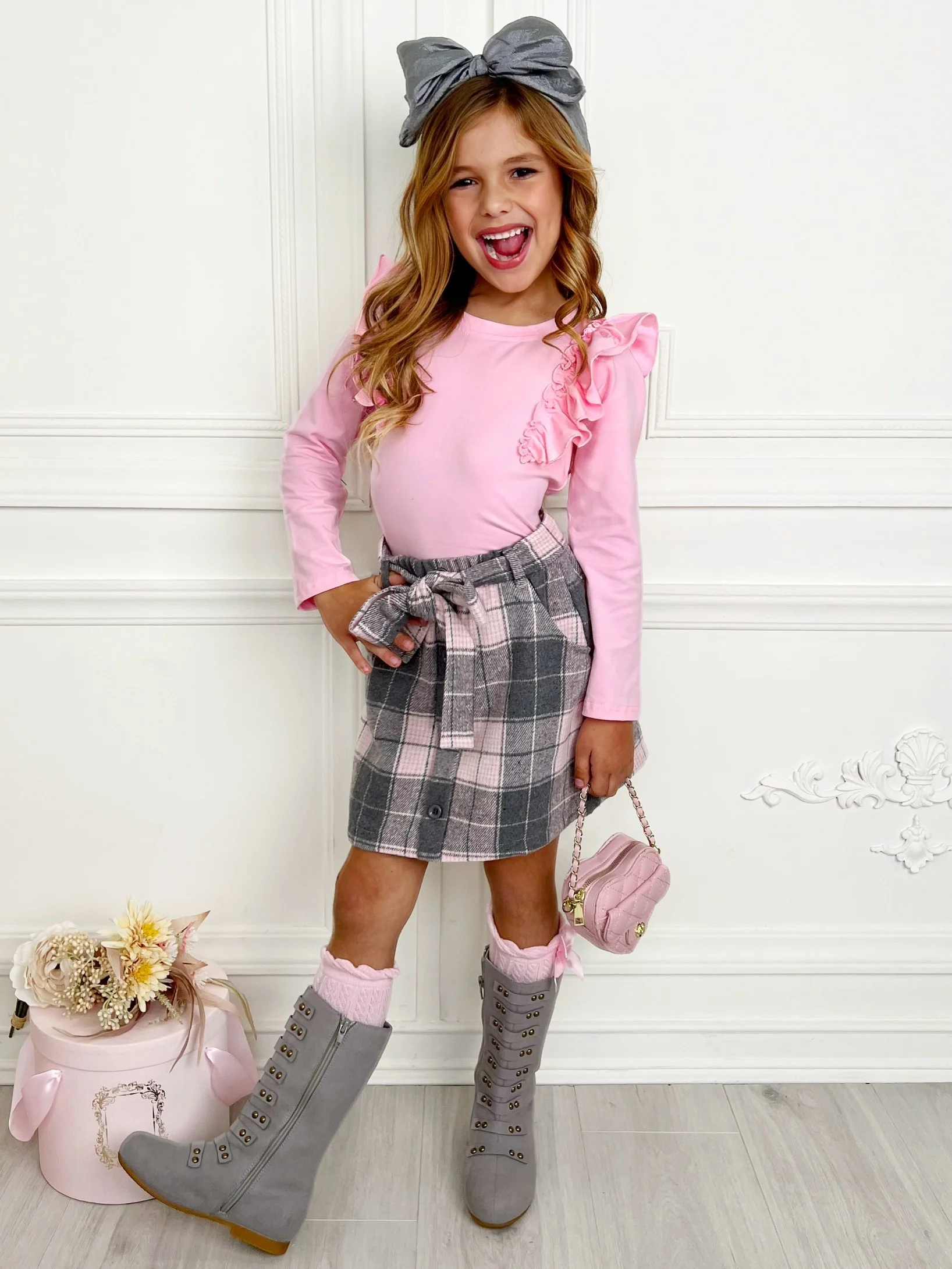 Pretty in Plaid Long Sleeve Top & Fleece Skirt Set - Image 3