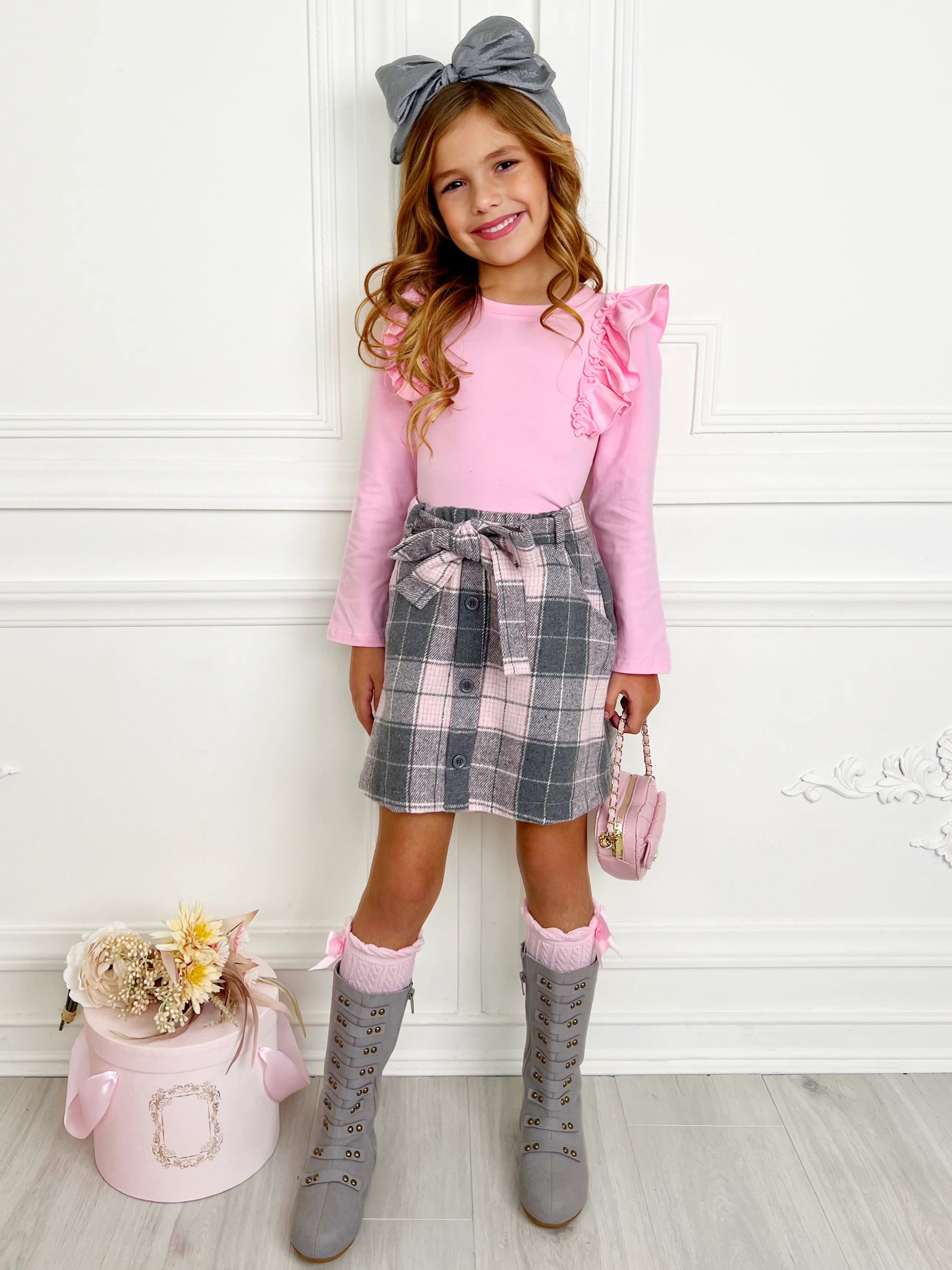 Pretty in Plaid Long Sleeve Top & Fleece Skirt Set - Image 4