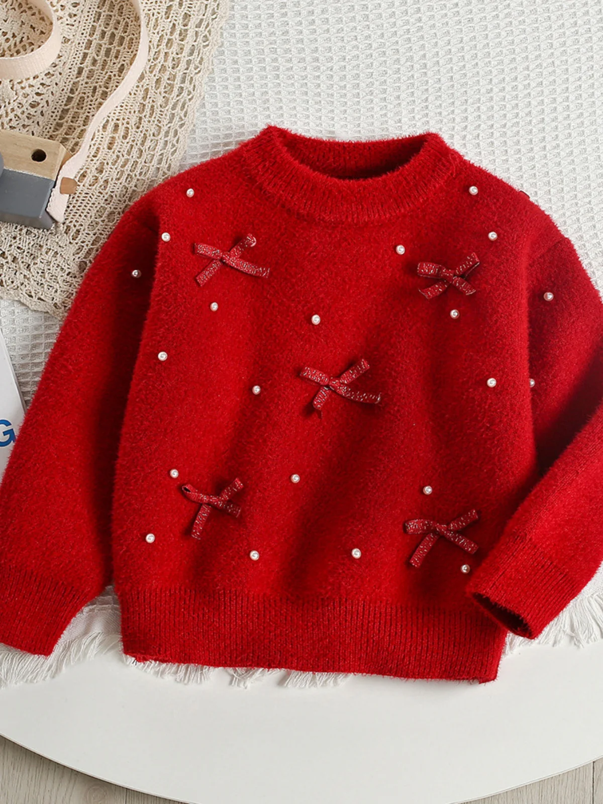 Pearl and Bow Fuzzy Sweater - Image 6