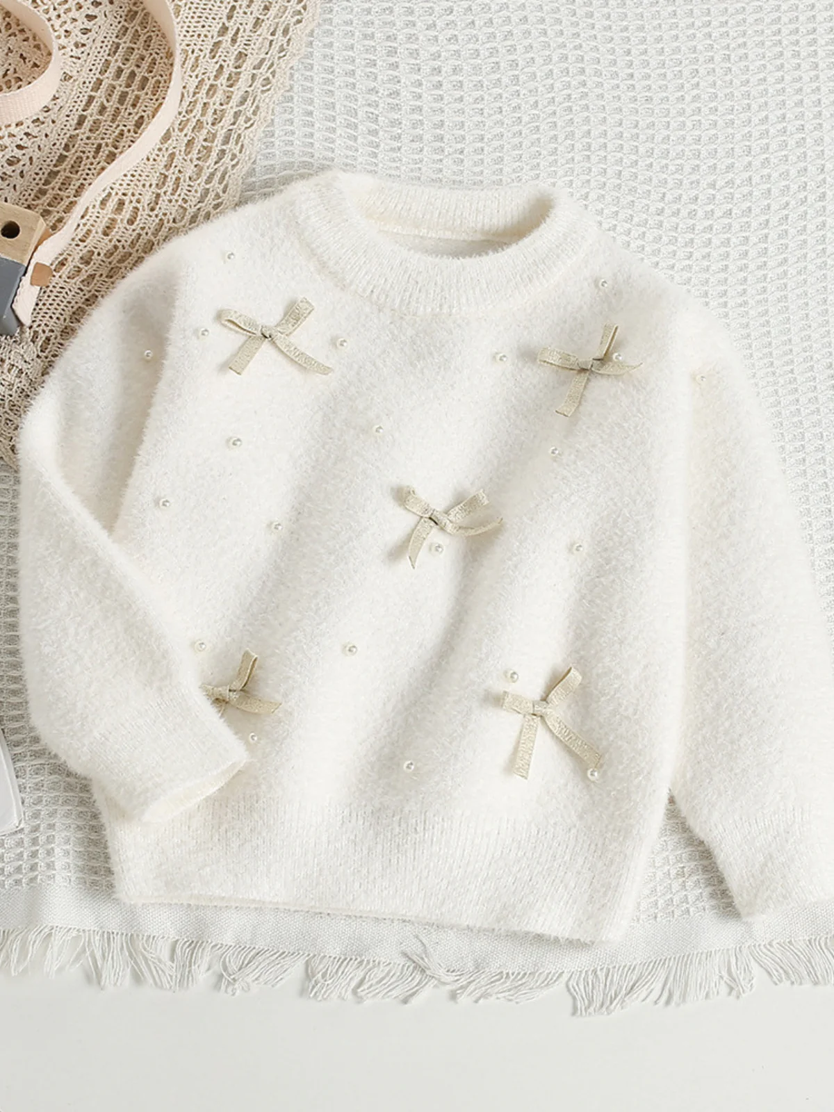 Pearl and Bow Fuzzy Sweater - Image 7
