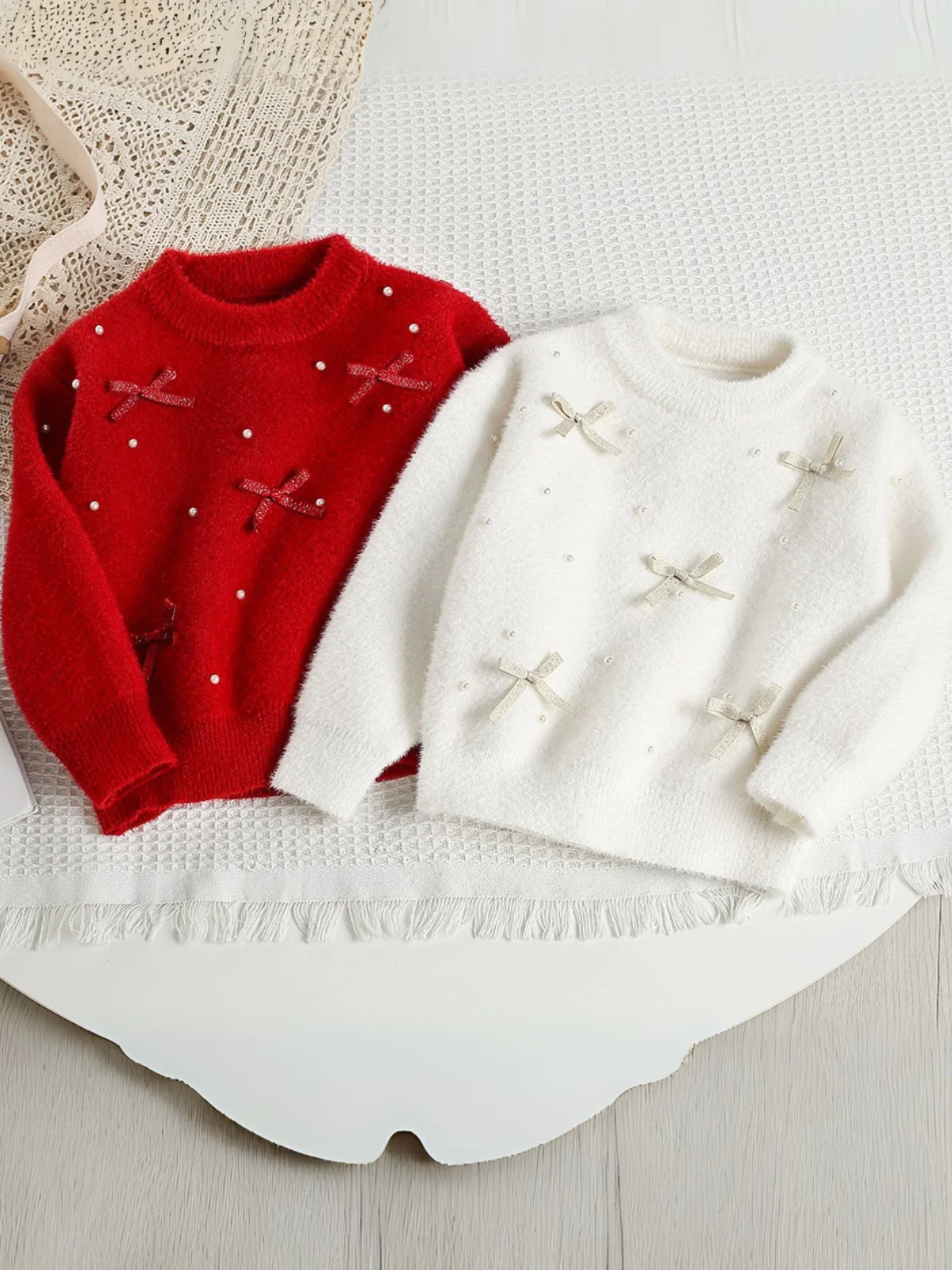 Pearl and Bow Fuzzy Sweater - Image 8