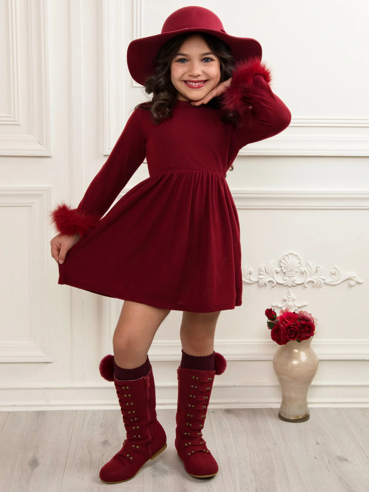 Cranberry Frost Burgundy Dress with Luxe Faux Fur Cuffs - Image 2