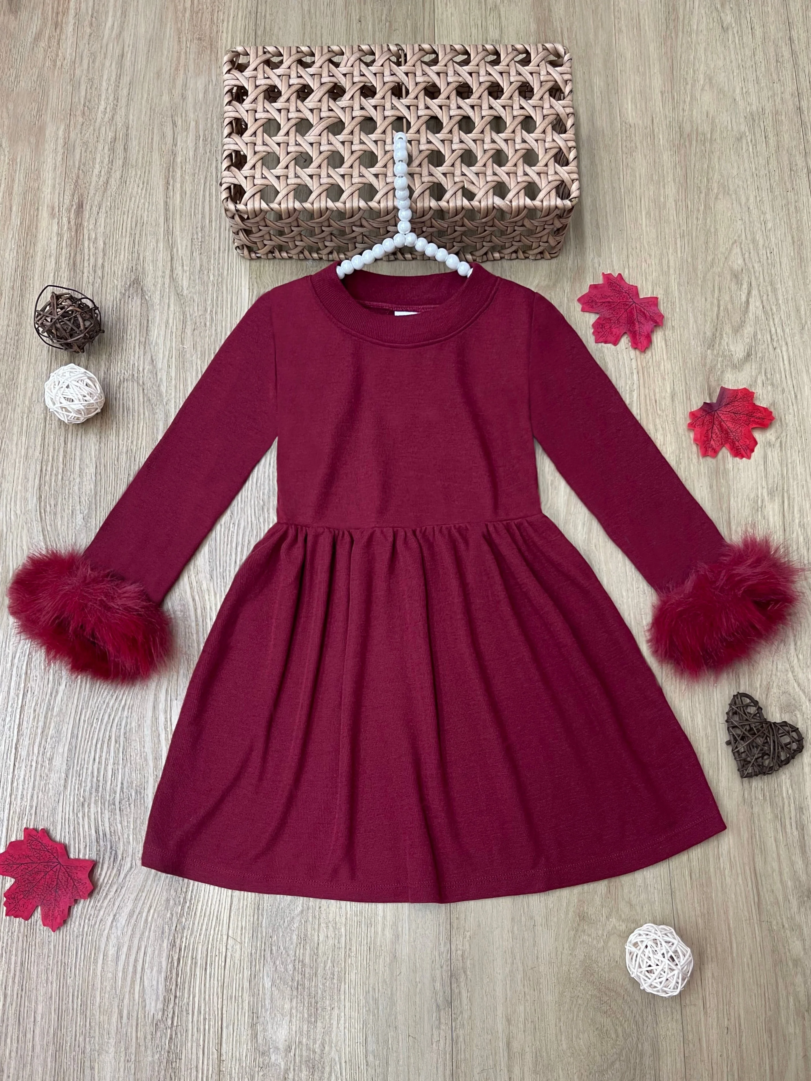 Cranberry Frost Burgundy Dress with Luxe Faux Fur Cuffs - Image 3