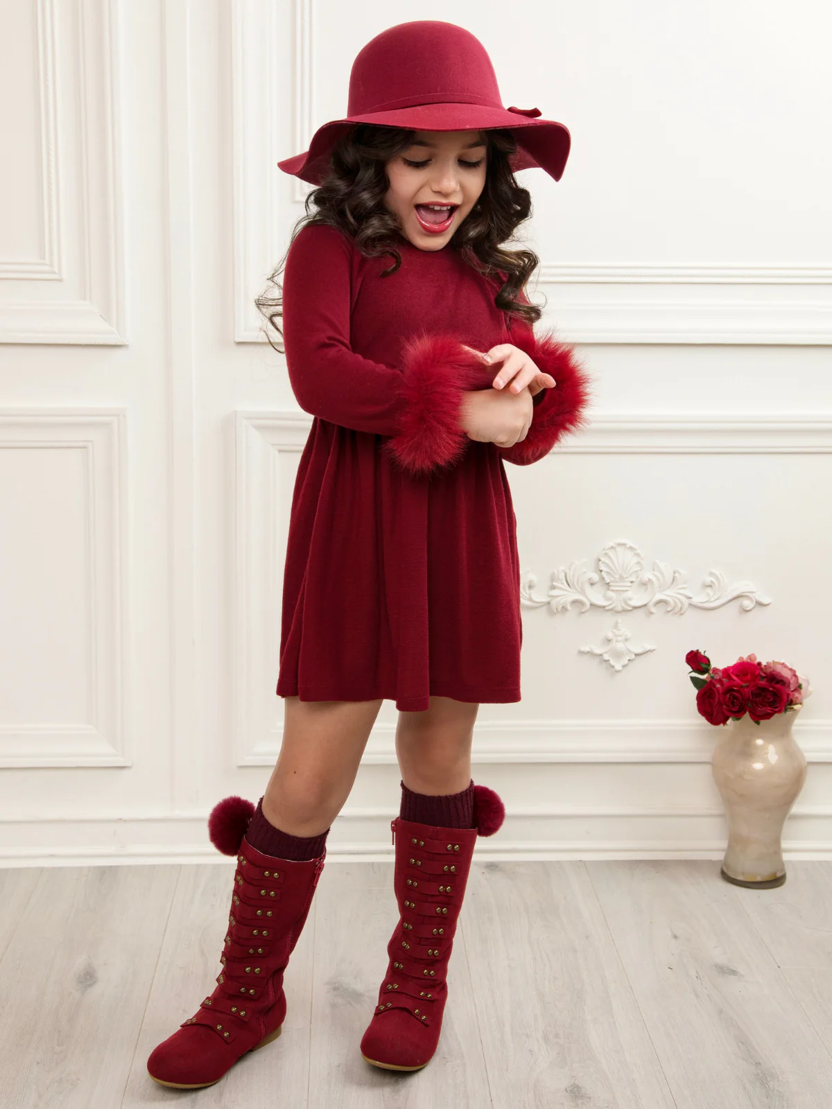 Cranberry Frost Burgundy Dress with Luxe Faux Fur Cuffs - Image 4