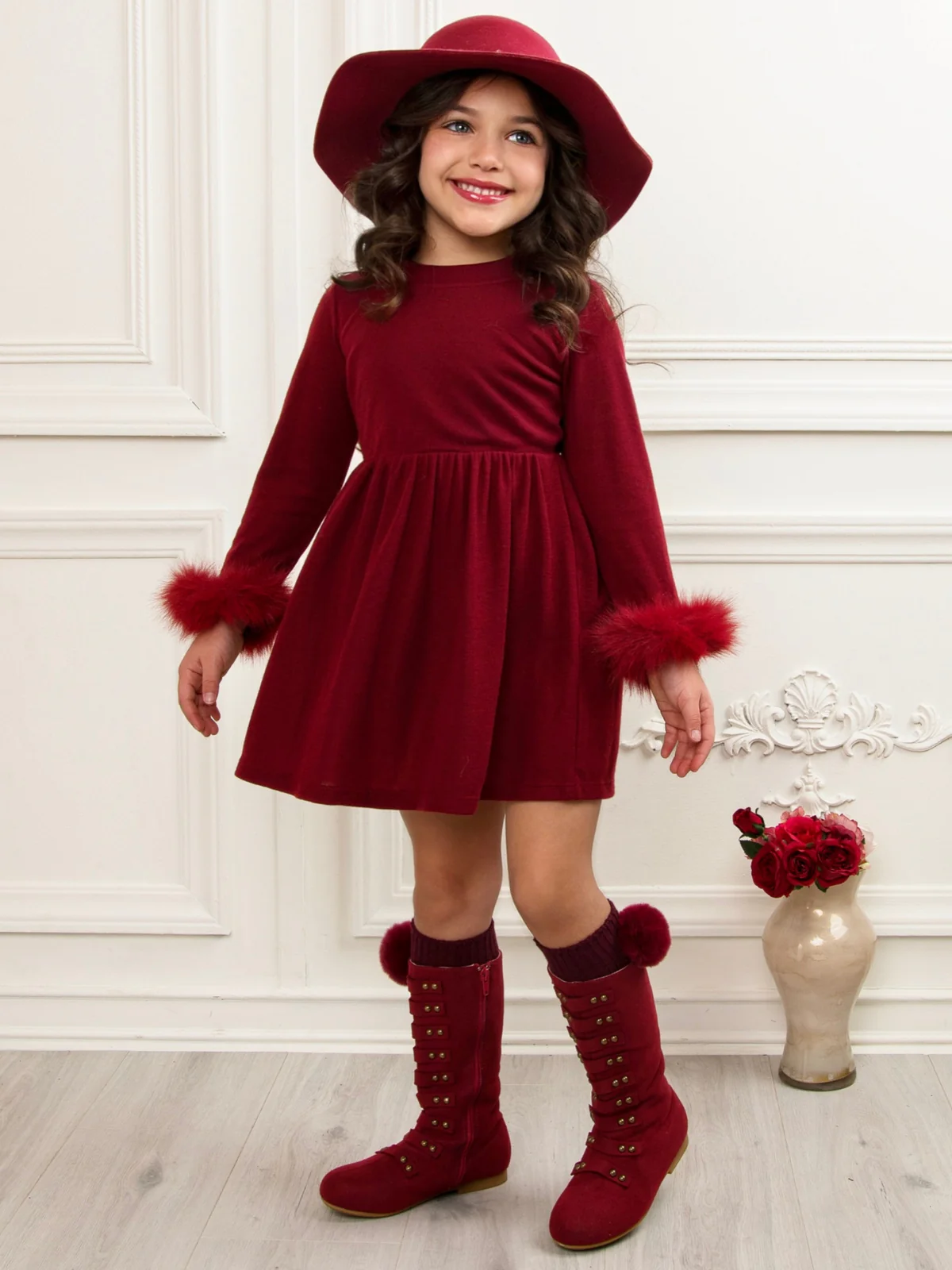 Cranberry Frost Burgundy Dress with Luxe Faux Fur Cuffs - Image 6