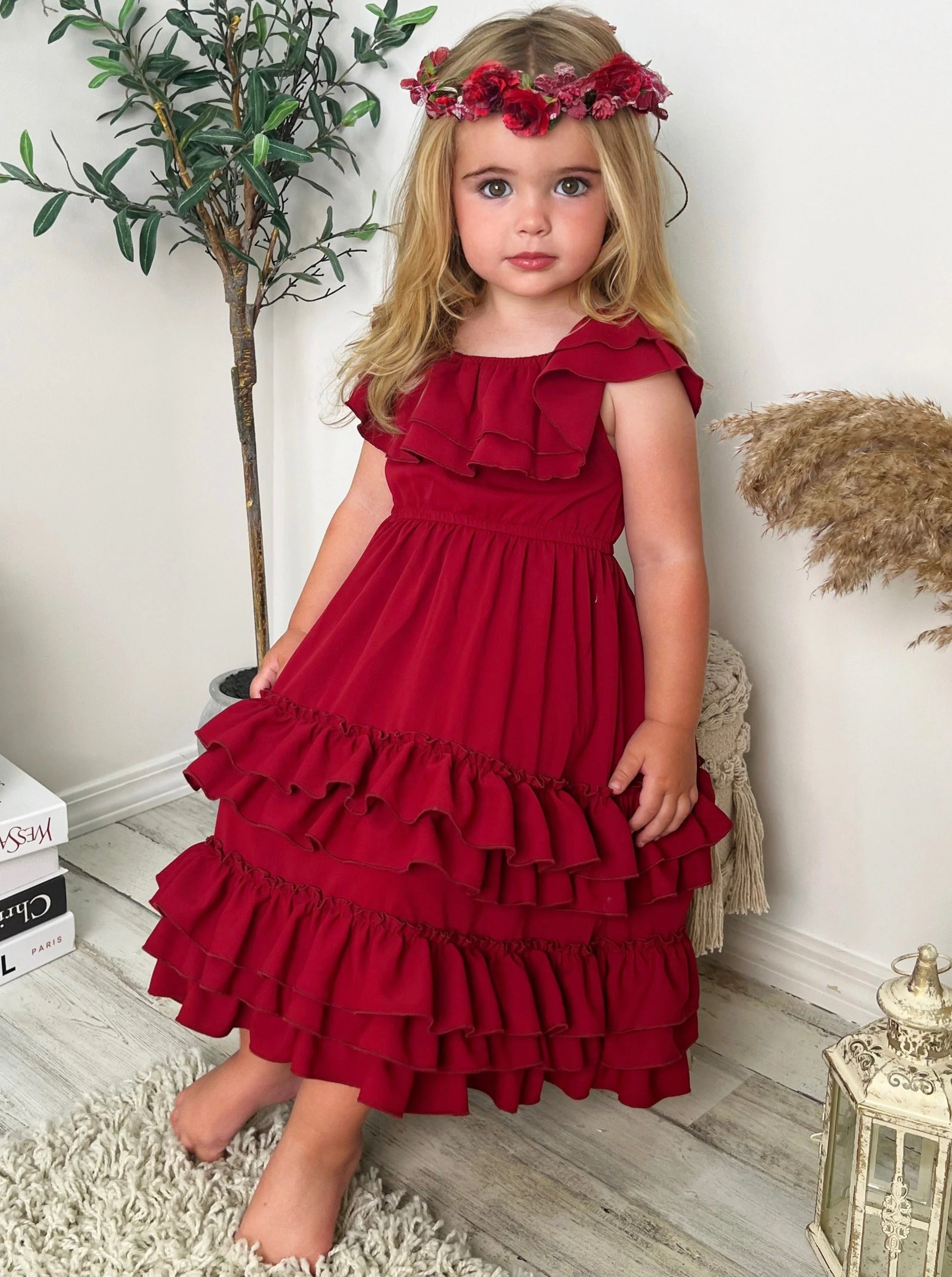 Crisp Cranberry Tiered Ruffle Midi Dress - Image 2
