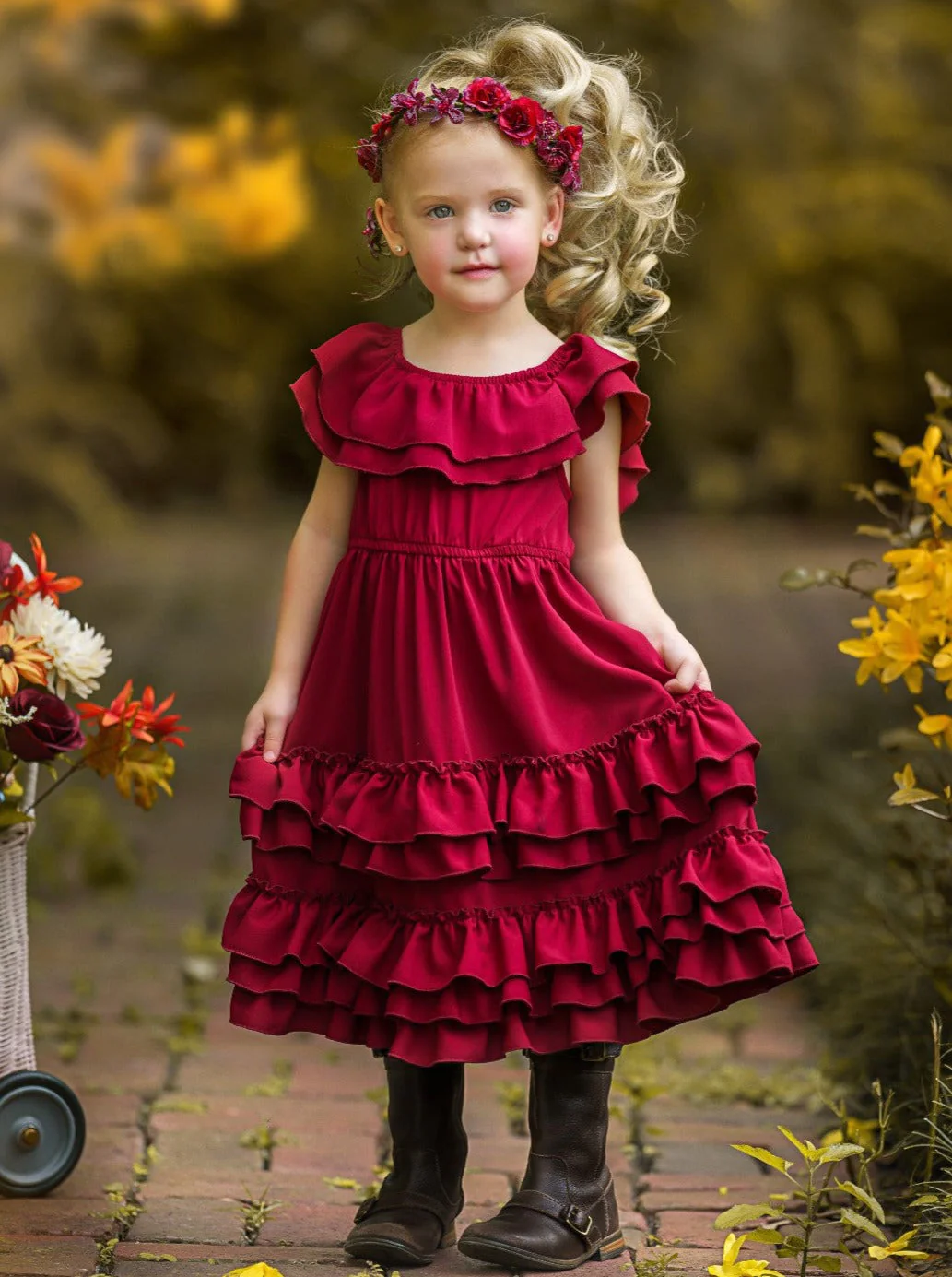 Crisp Cranberry Tiered Ruffle Midi Dress - Image 3