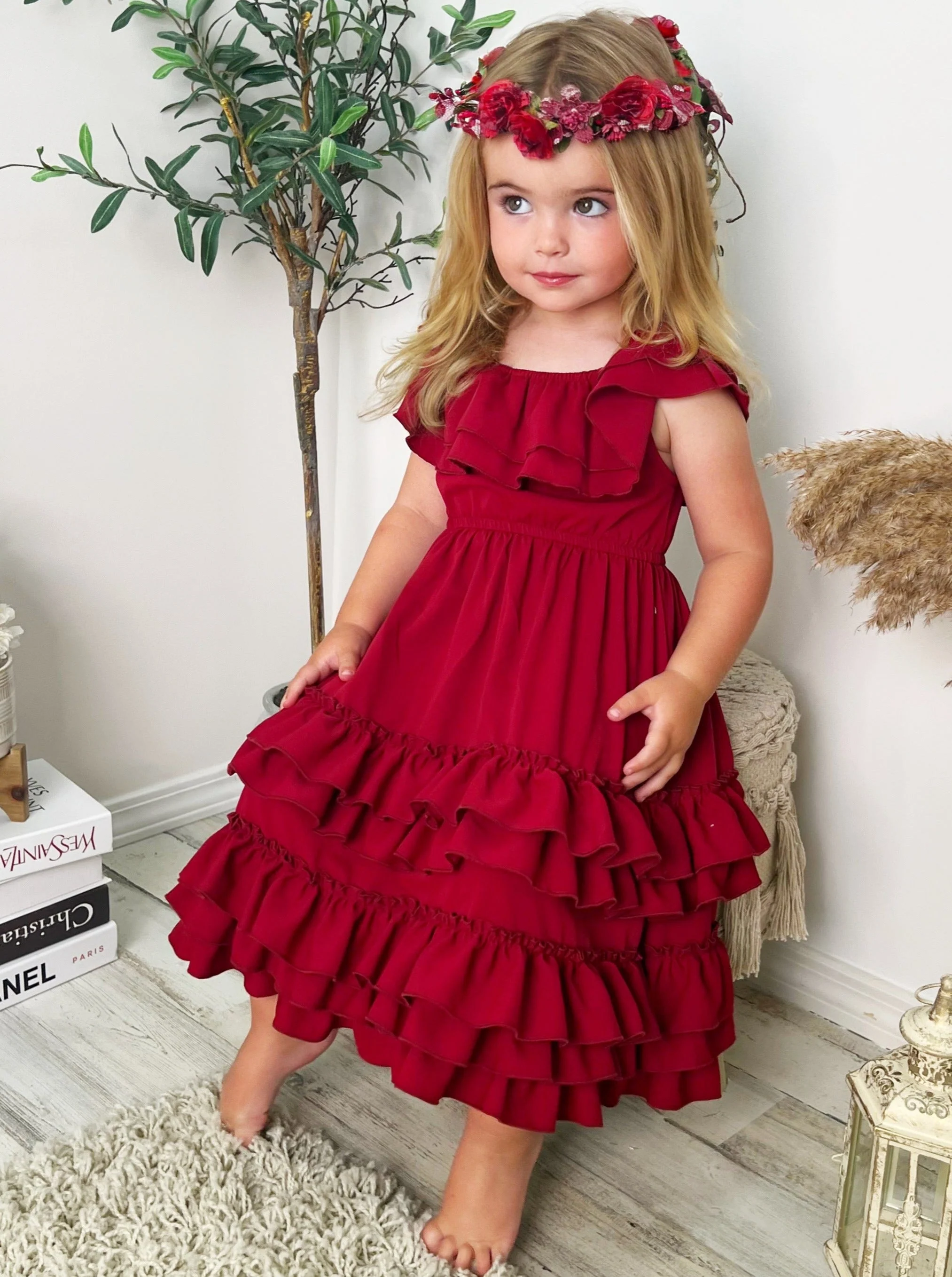 Crisp Cranberry Tiered Ruffle Midi Dress - Image 4