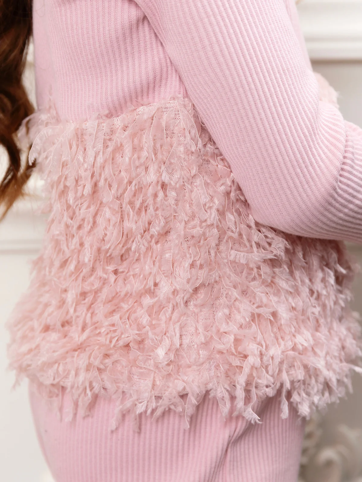 Cozy Couture Pink Feather Top and Ribbed Pant Set - Image 3
