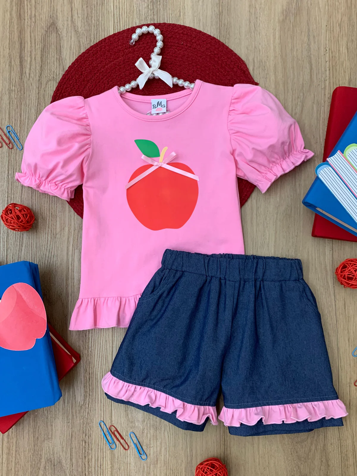 Cutest in Class Apple Top & Ruffle Denim Short Set - Image 5