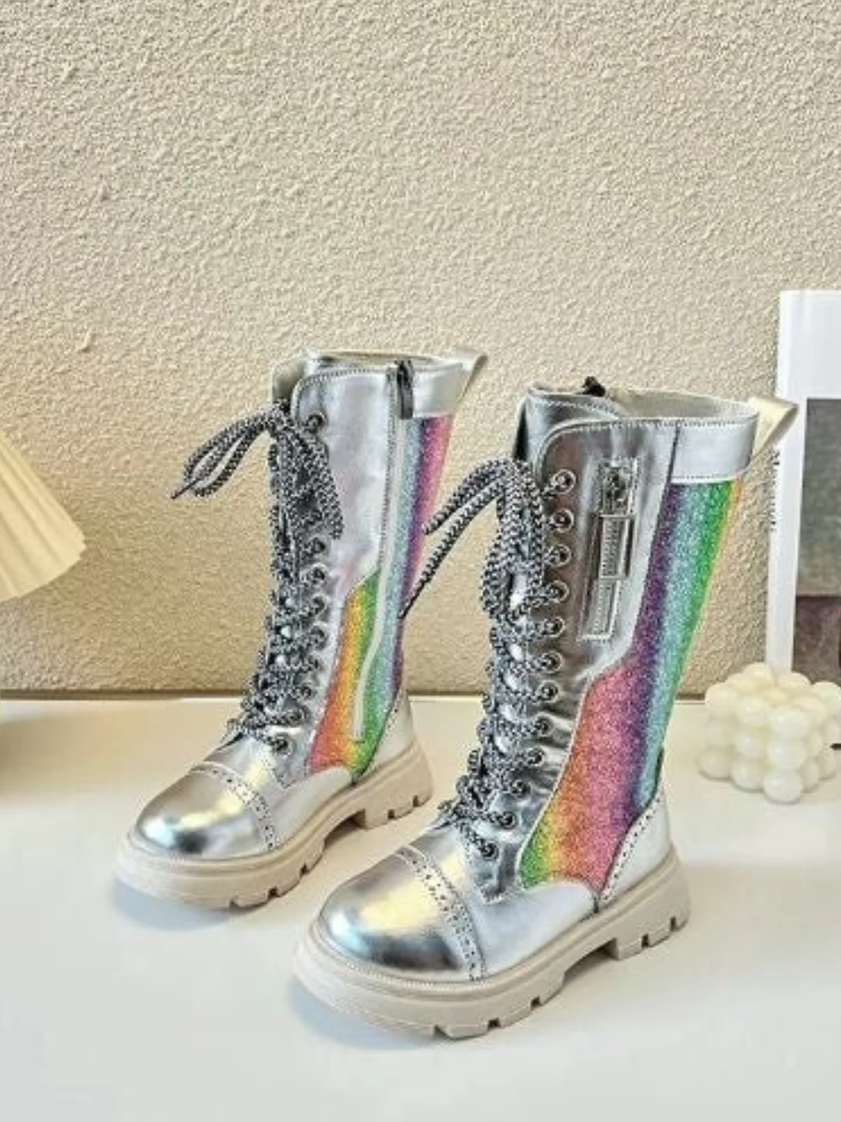 Dazzling Day Glitter Rainbow Lace-Up Boots by Liv and Mia - Image 3