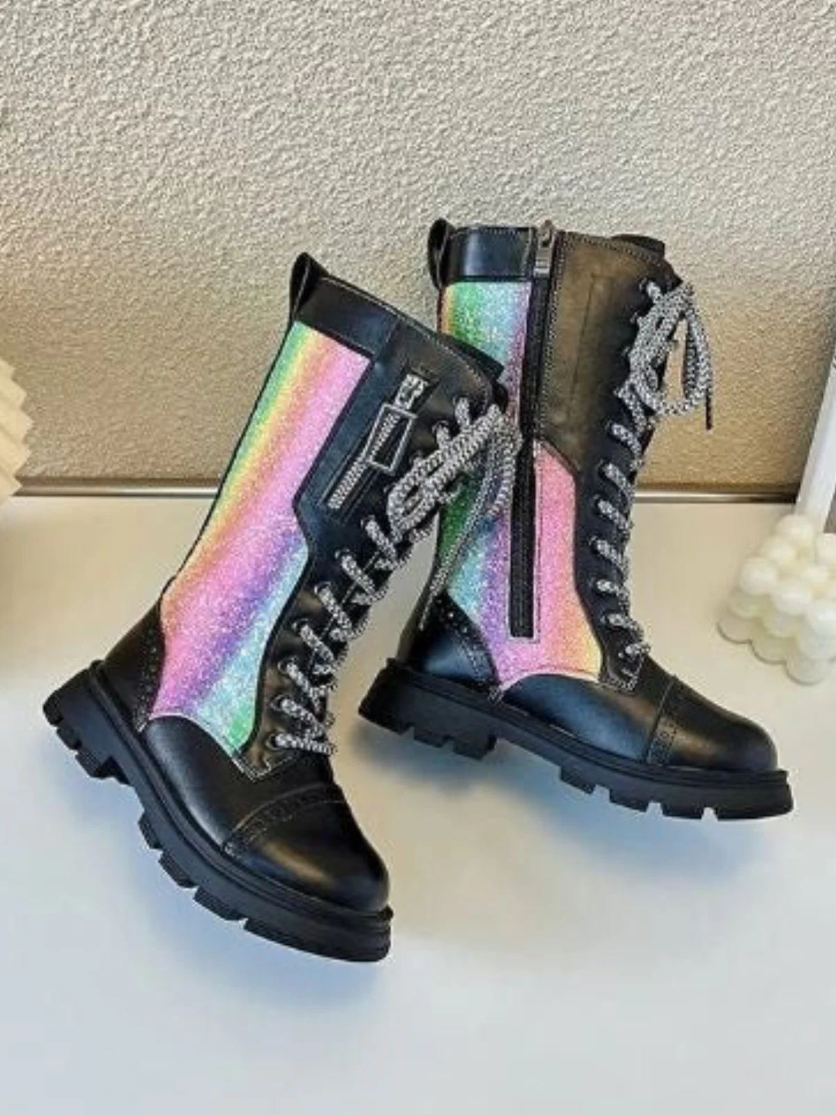 Dazzling Day Glitter Rainbow Lace-Up Boots by Liv and Mia - Image 5