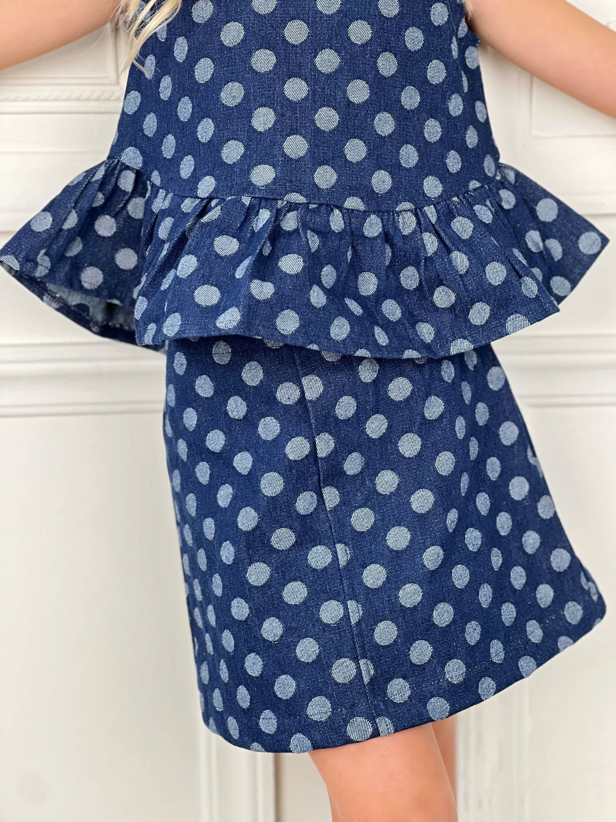 Polka Dot Peplum Matching Denim Top and Skirt Set - Image 3