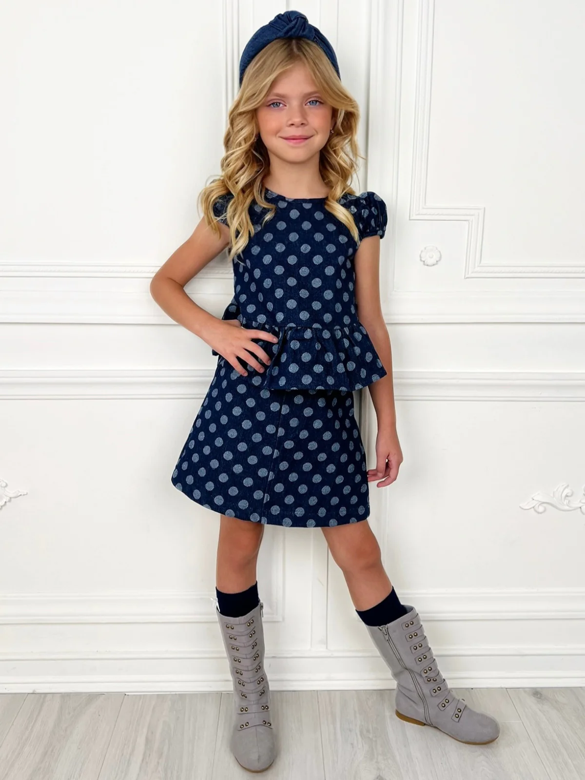 Polka Dot Peplum Matching Denim Top and Skirt Set - Image 4