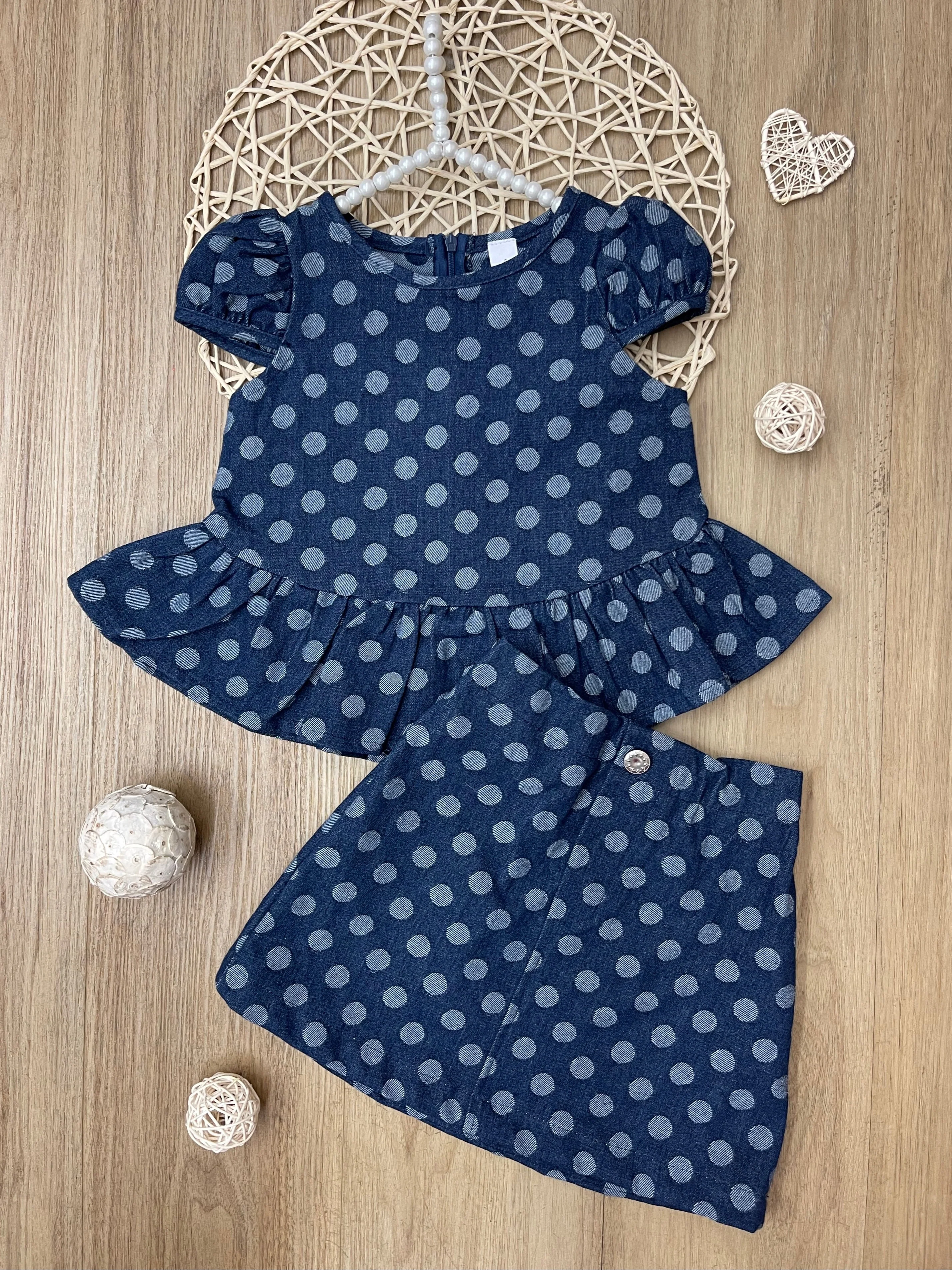 Polka Dot Peplum Matching Denim Top and Skirt Set - Image 5