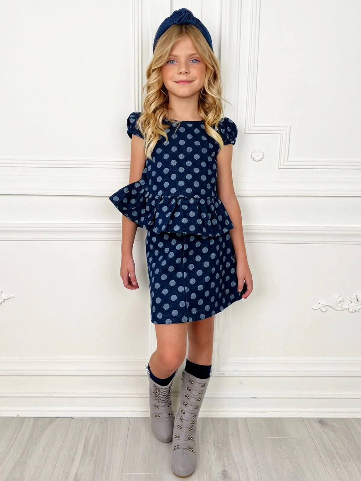 Polka Dot Peplum Matching Denim Top and Skirt Set - Image 6