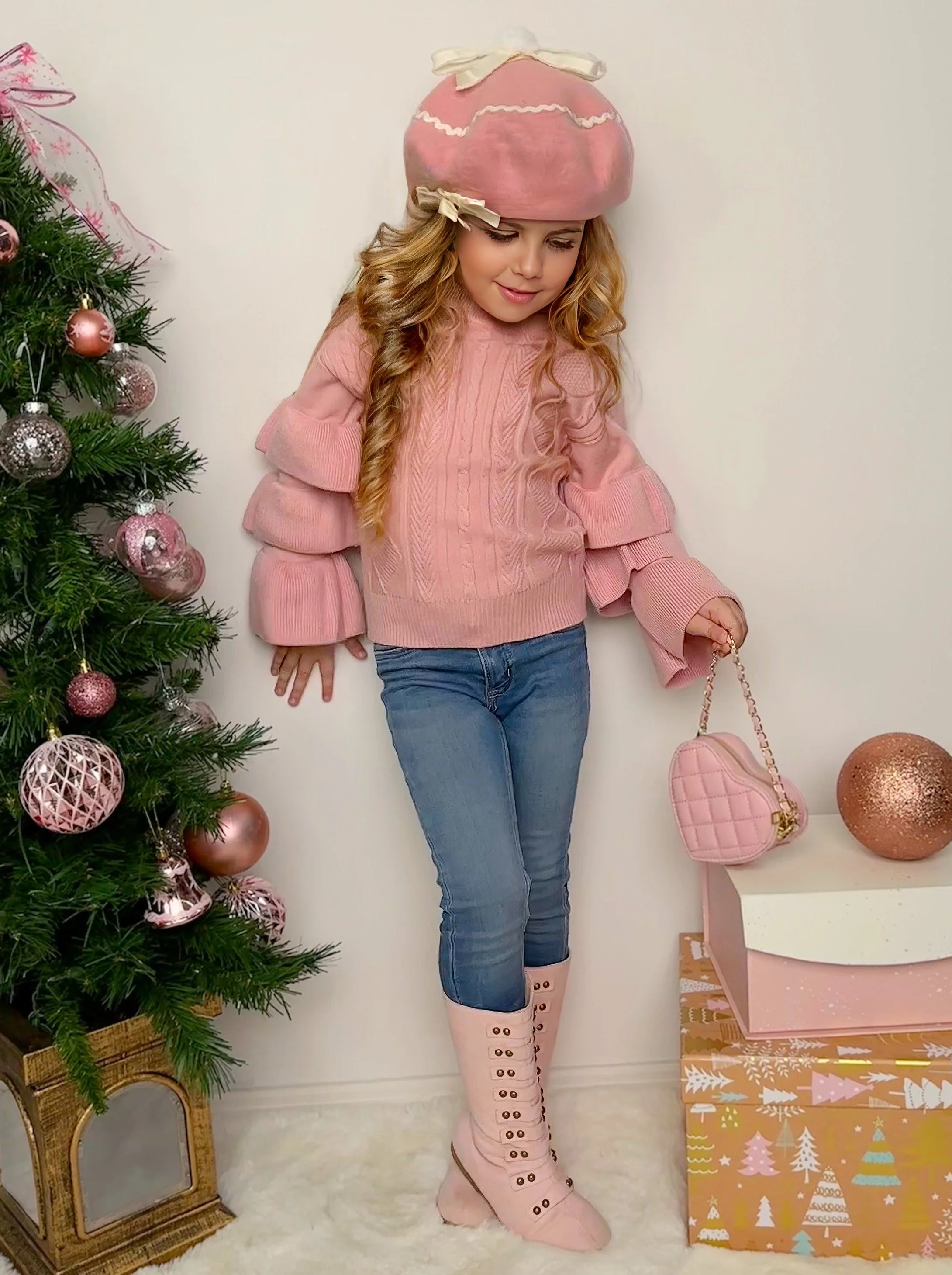Rose Pink Tiered Sleeve Cable Knit Sweater - Image 2