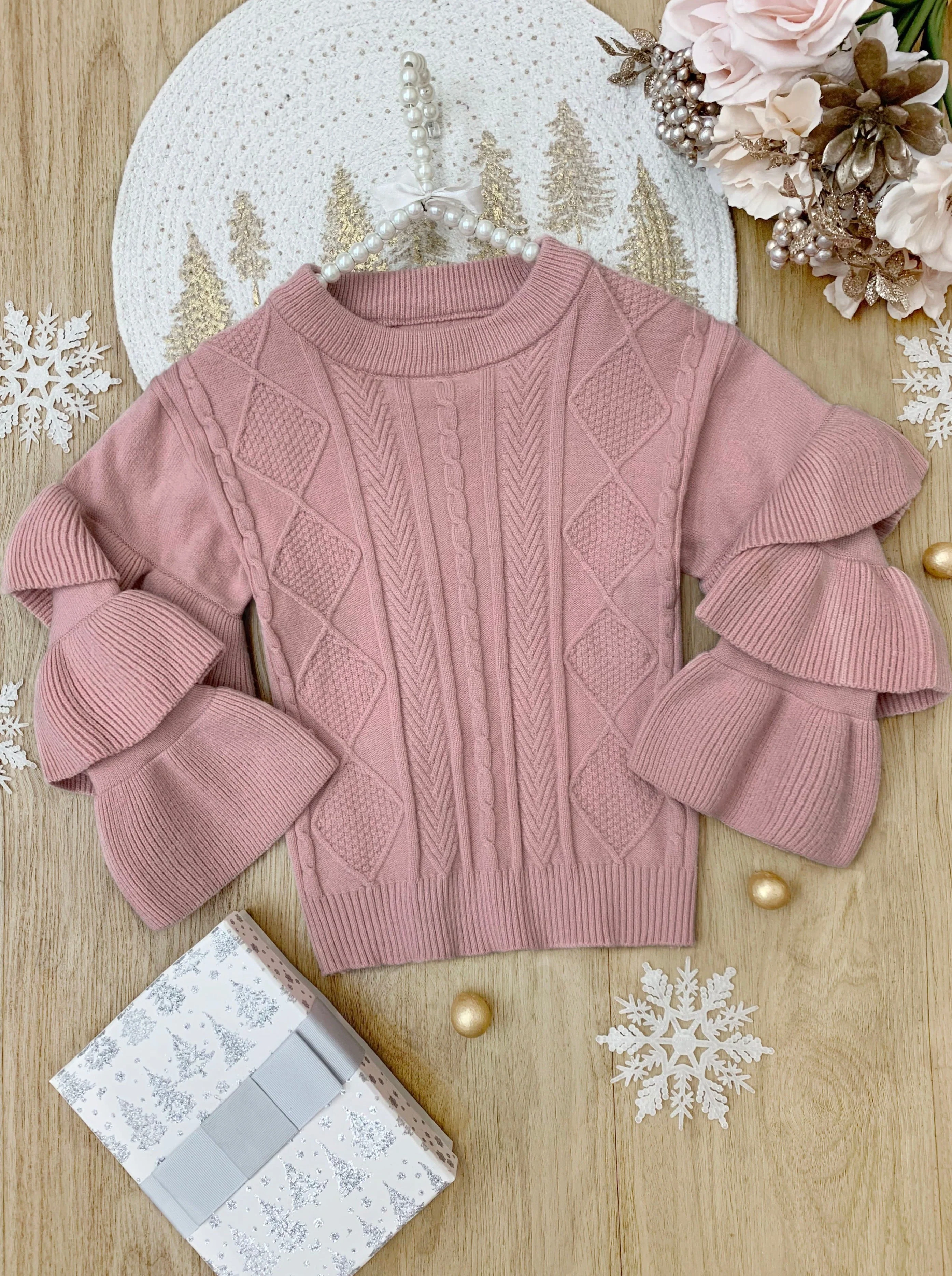 Rose Pink Tiered Sleeve Cable Knit Sweater - Image 3