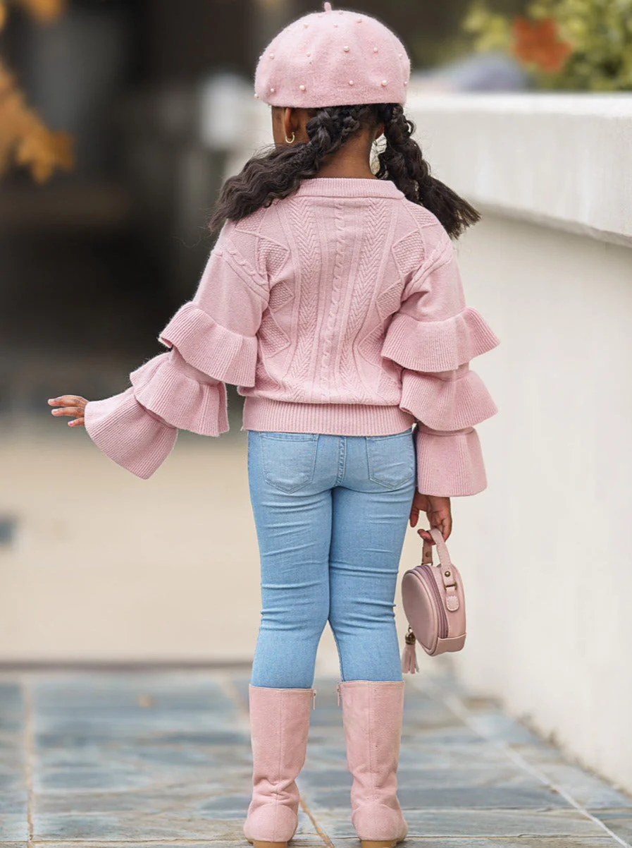 Rose Pink Tiered Sleeve Cable Knit Sweater - Image 4
