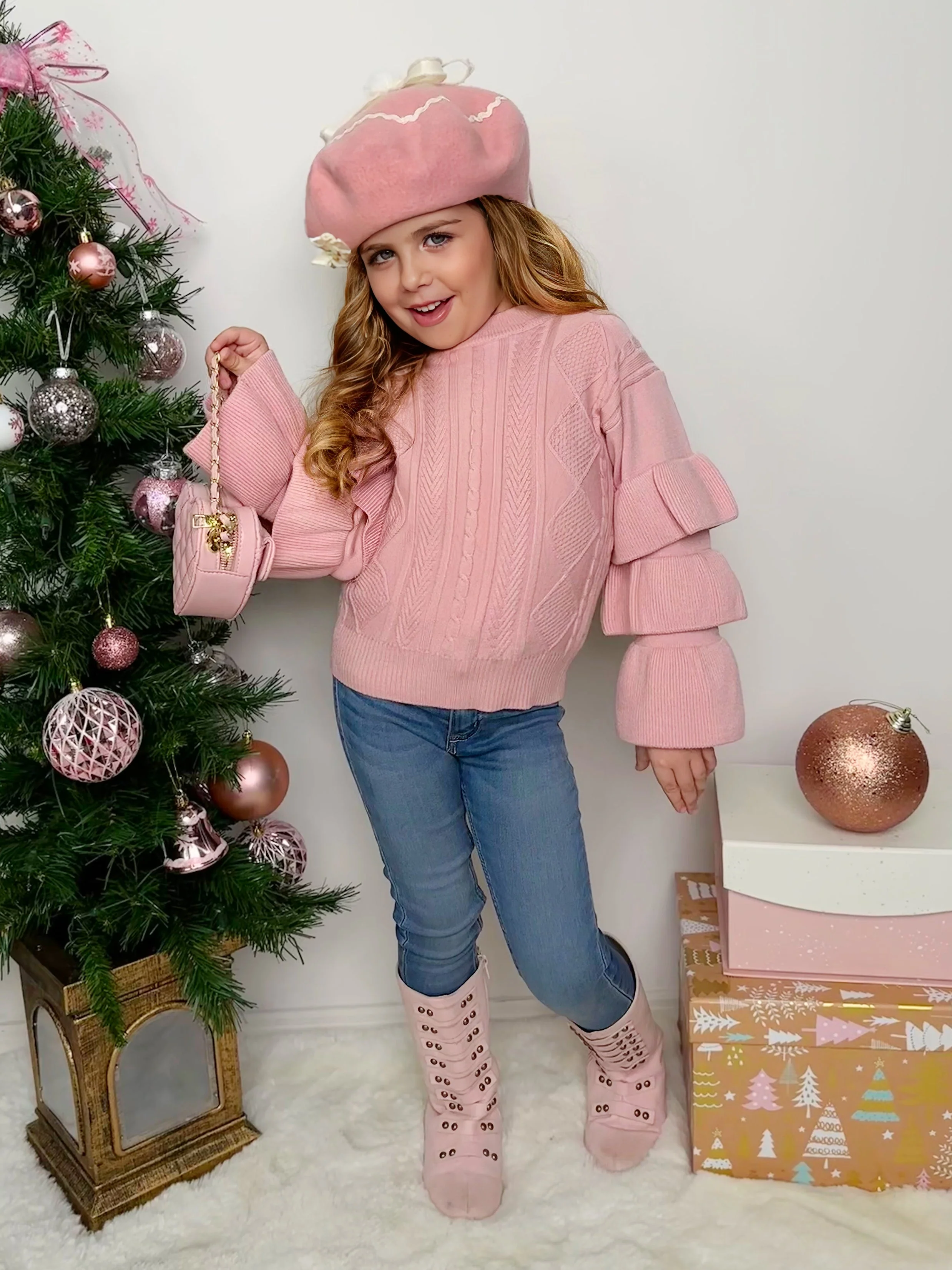 Rose Pink Tiered Sleeve Cable Knit Sweater - Image 5