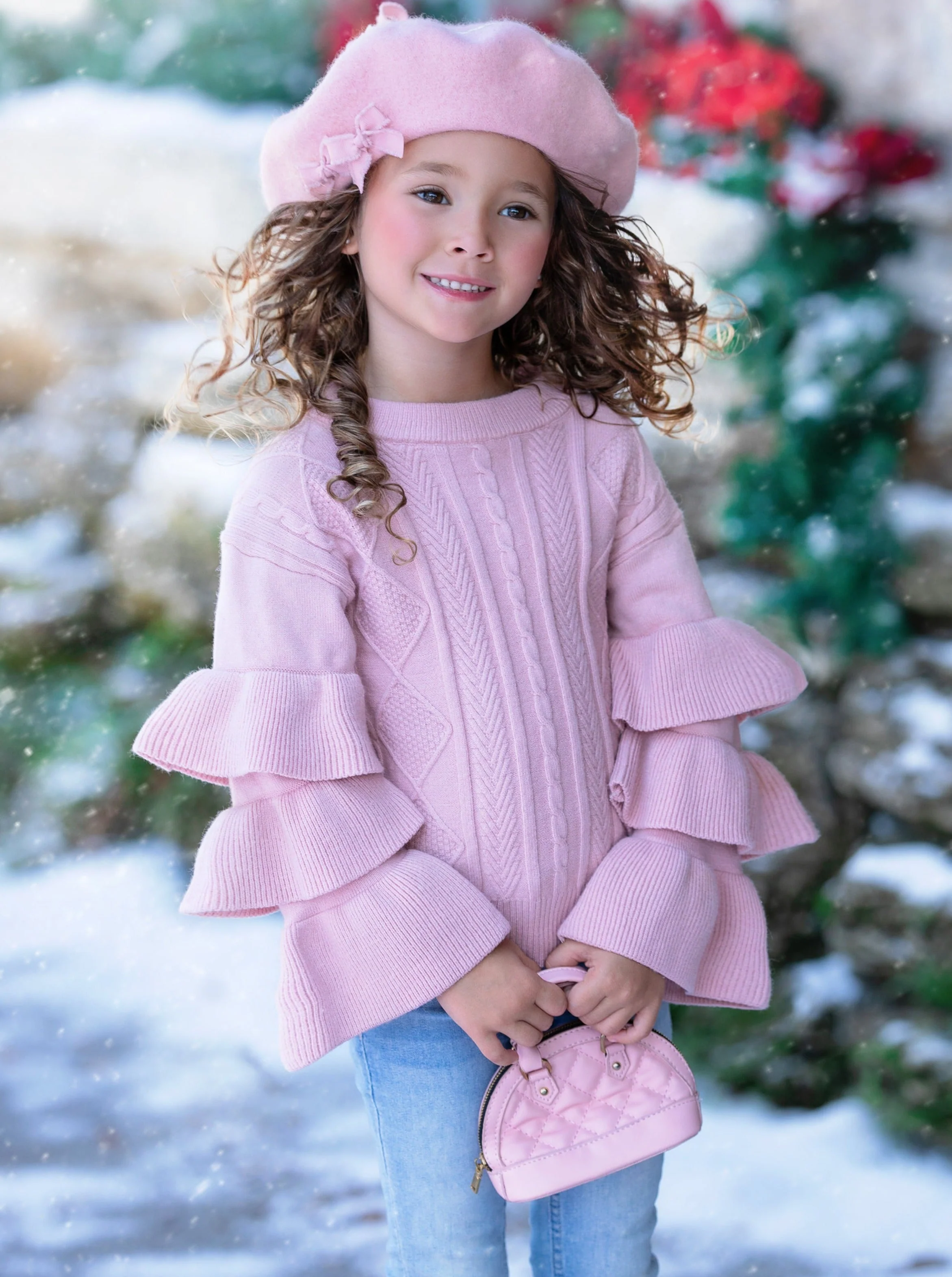 Rose Pink Tiered Sleeve Cable Knit Sweater - Image 6