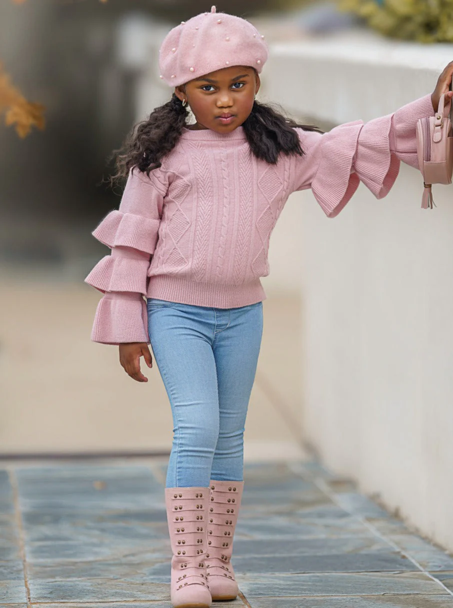 Rose Pink Tiered Sleeve Cable Knit Sweater - Image 8