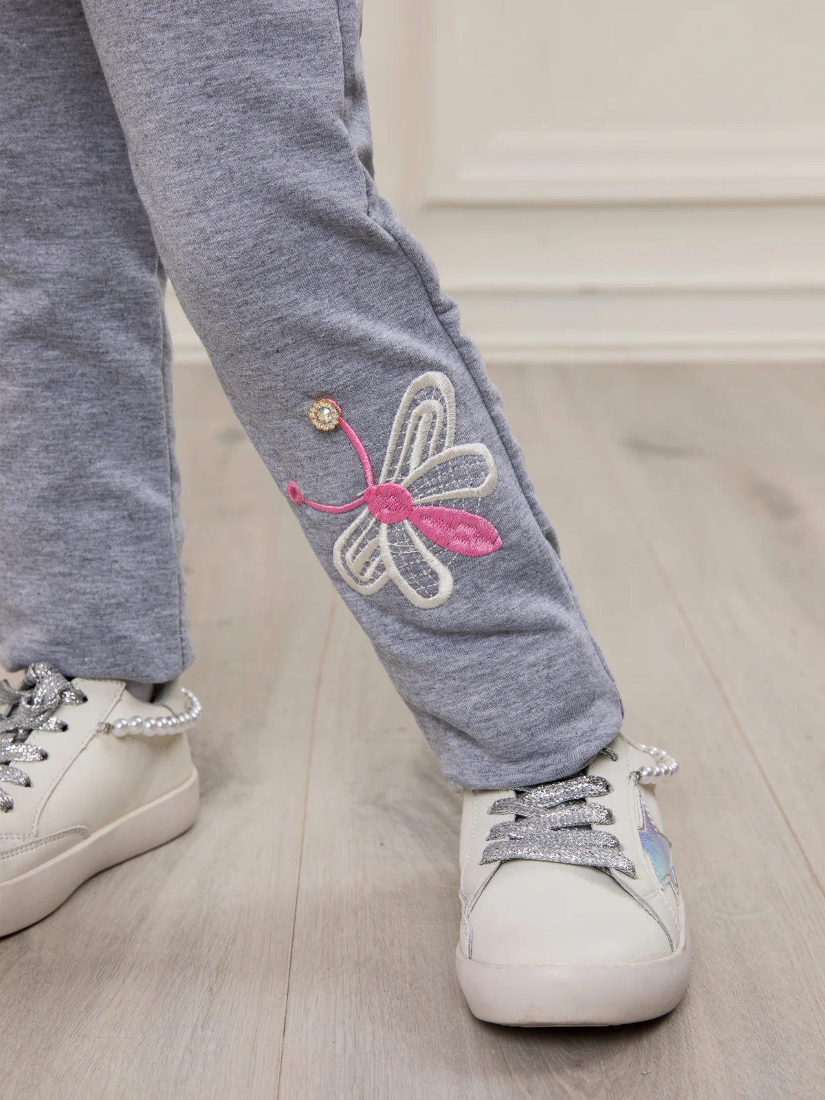 Butterfly Wings Artisan-Stitched Grey Cotton Leggings - Image 2