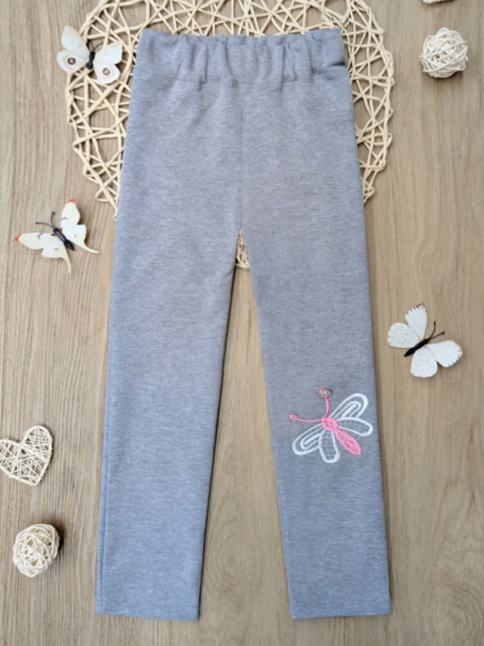 Butterfly Wings Artisan-Stitched Grey Cotton Leggings - Image 3