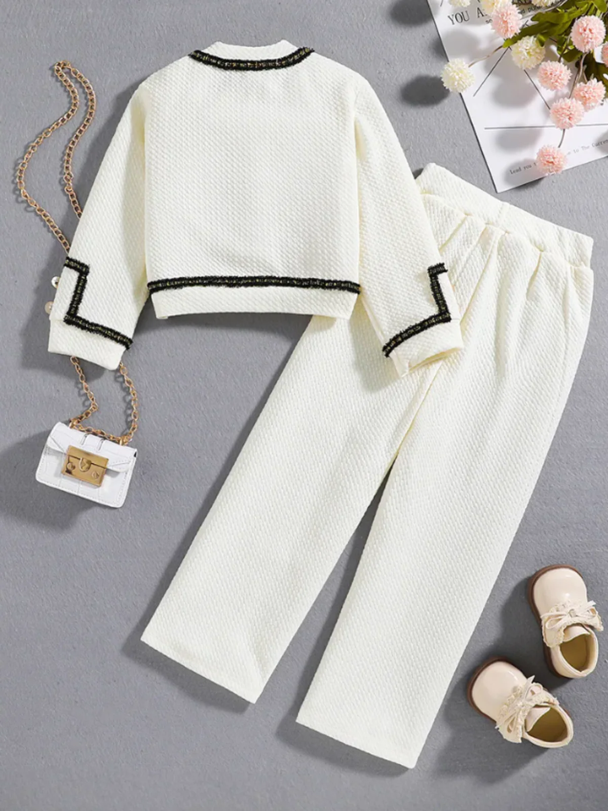 Elegant Cream Girls' Jacket and Pants Set with Black Bow Accent - Image 2