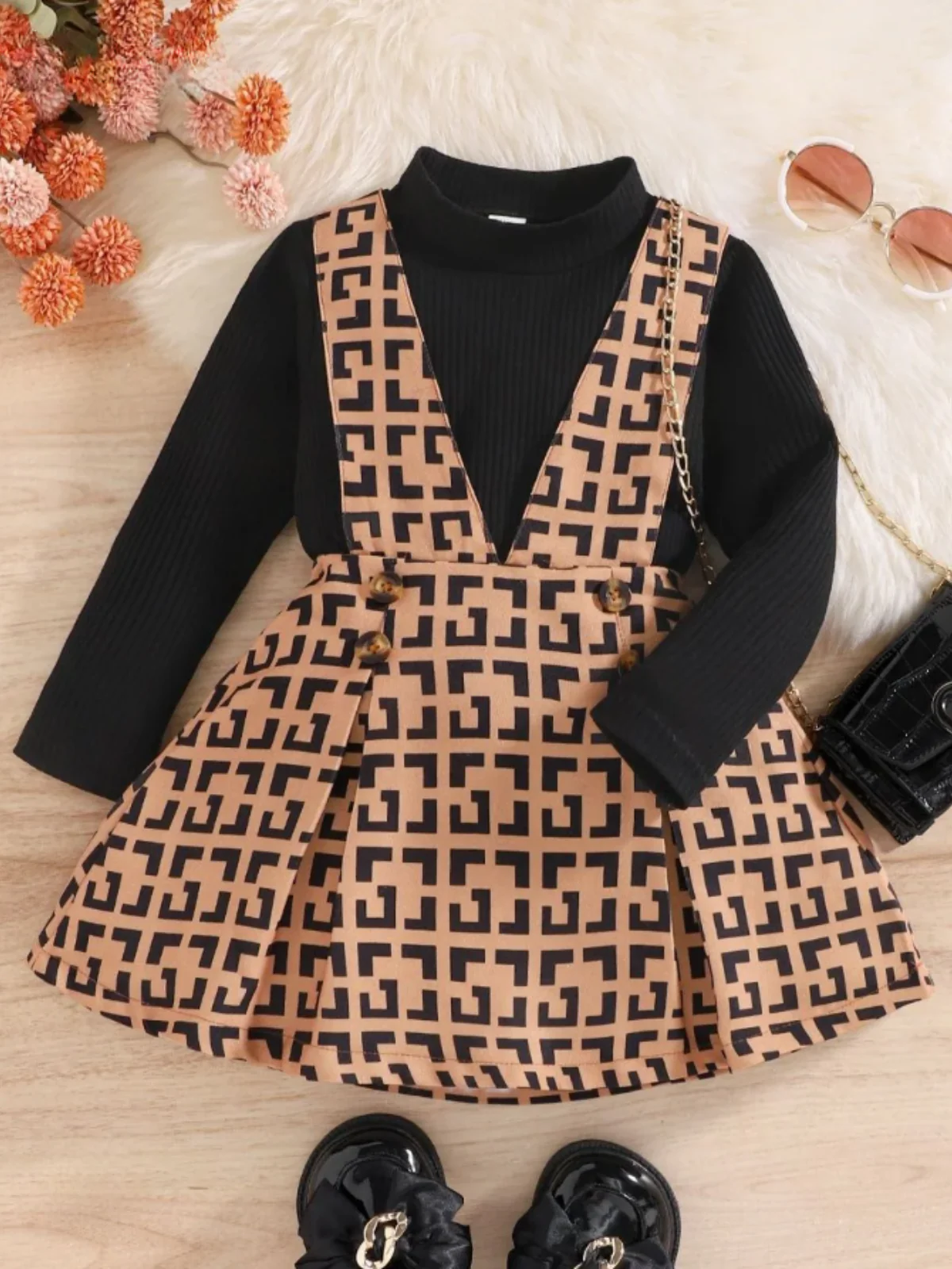 Elegant Girls Long-Sleeve Top and Patterned Dress Set - Image 4