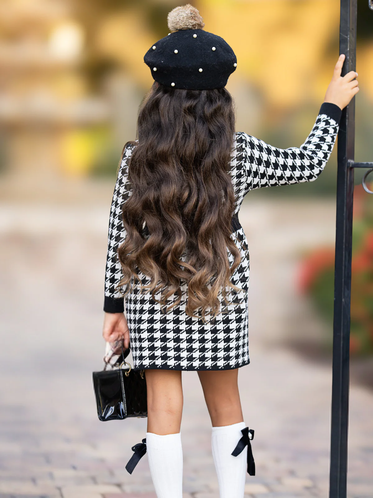 Elegant Houndstooth Gold Trim Button Knit Dress - Image 3