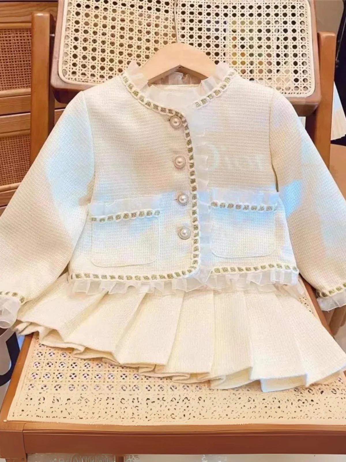 Elegant Pearl Button Jacket & Pleated Skirt Set - Image 4