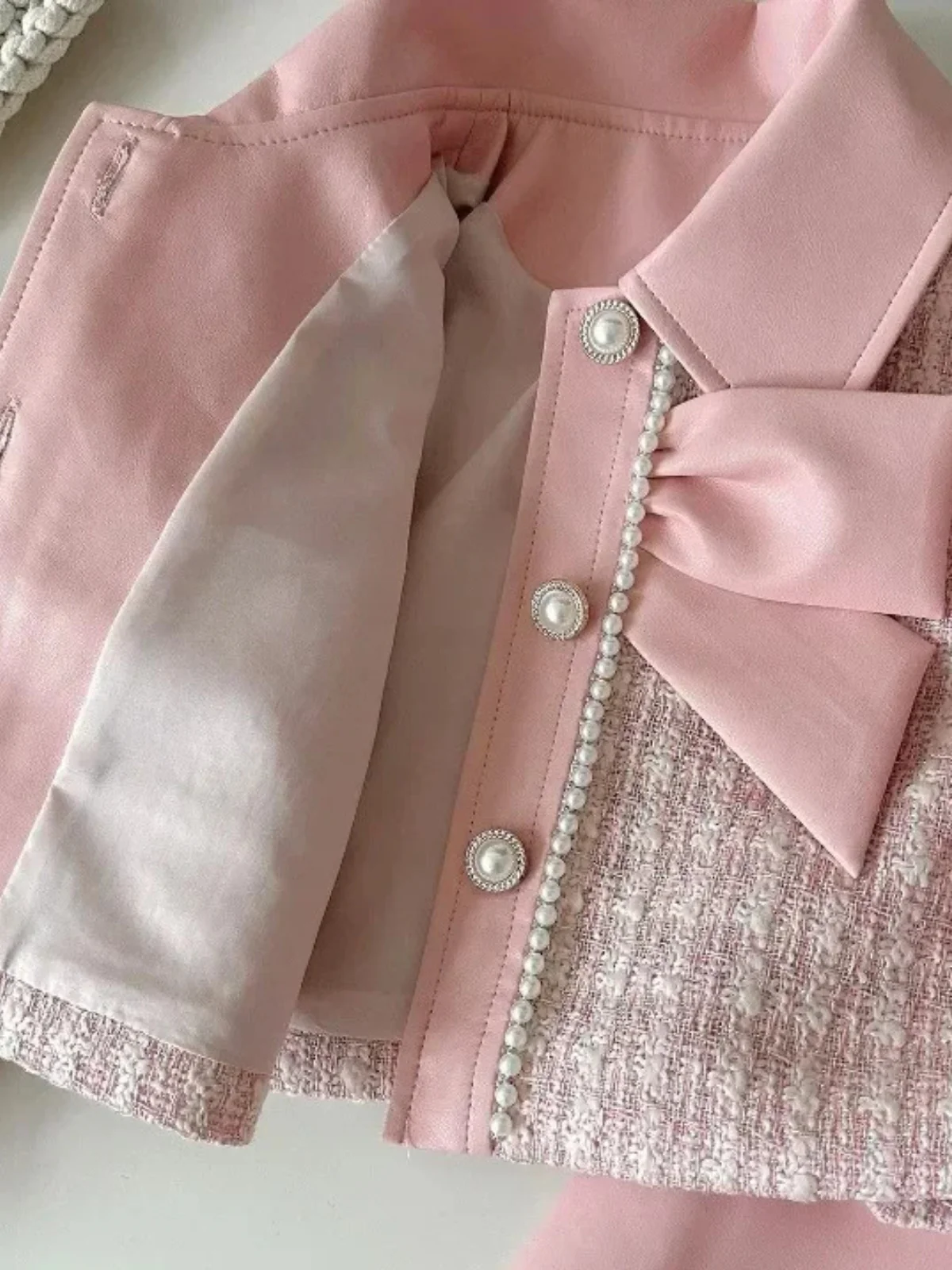Elegant Pearl Trim Pink Jacket & Skirt Set - Image 2