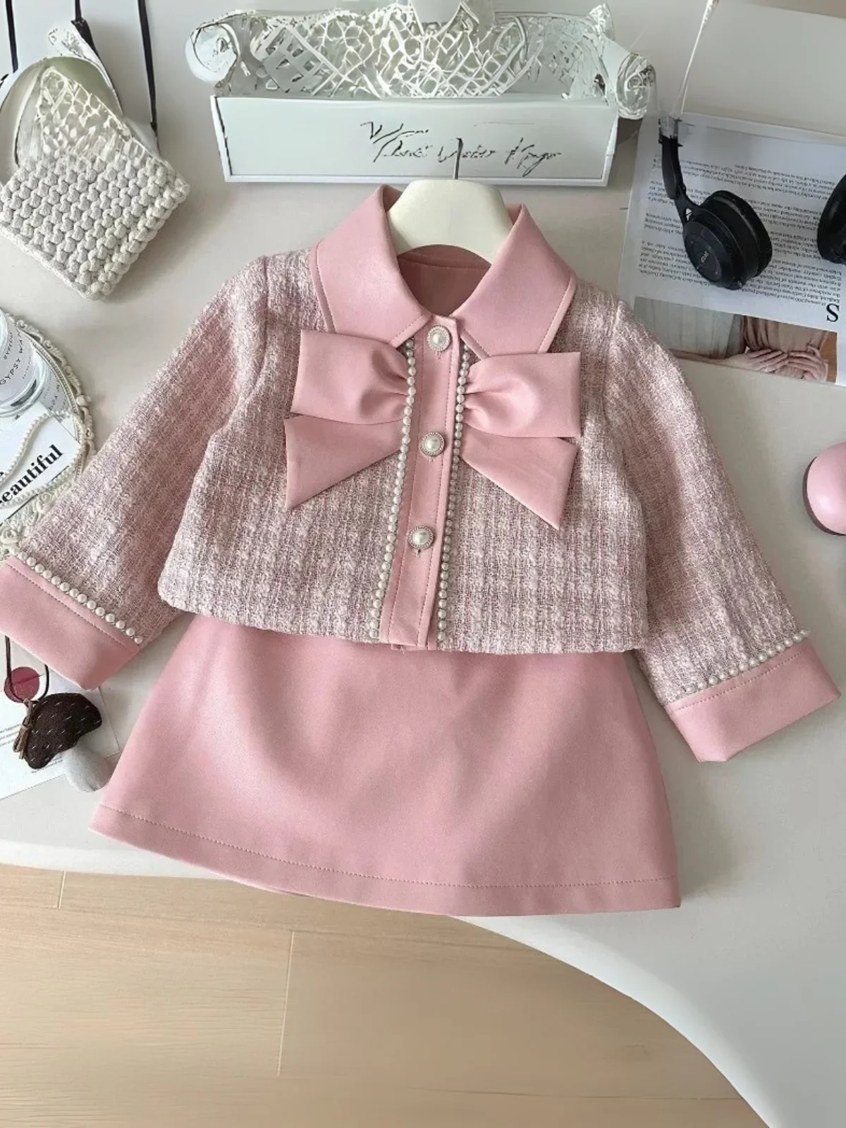 Elegant Pearl Trim Pink Jacket & Skirt Set - Image 4