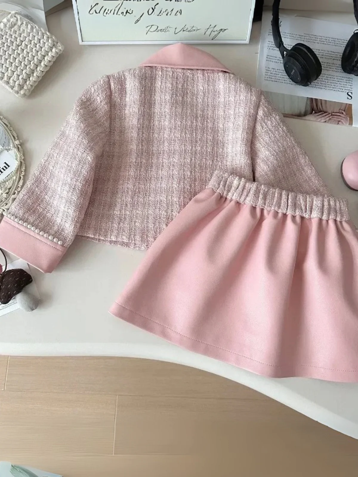 Elegant Pearl Trim Pink Jacket & Skirt Set - Image 5