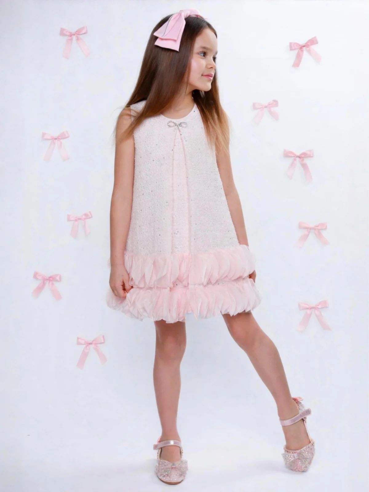 Elegant Bow Pearl Tweed Shift Dress - Image 2